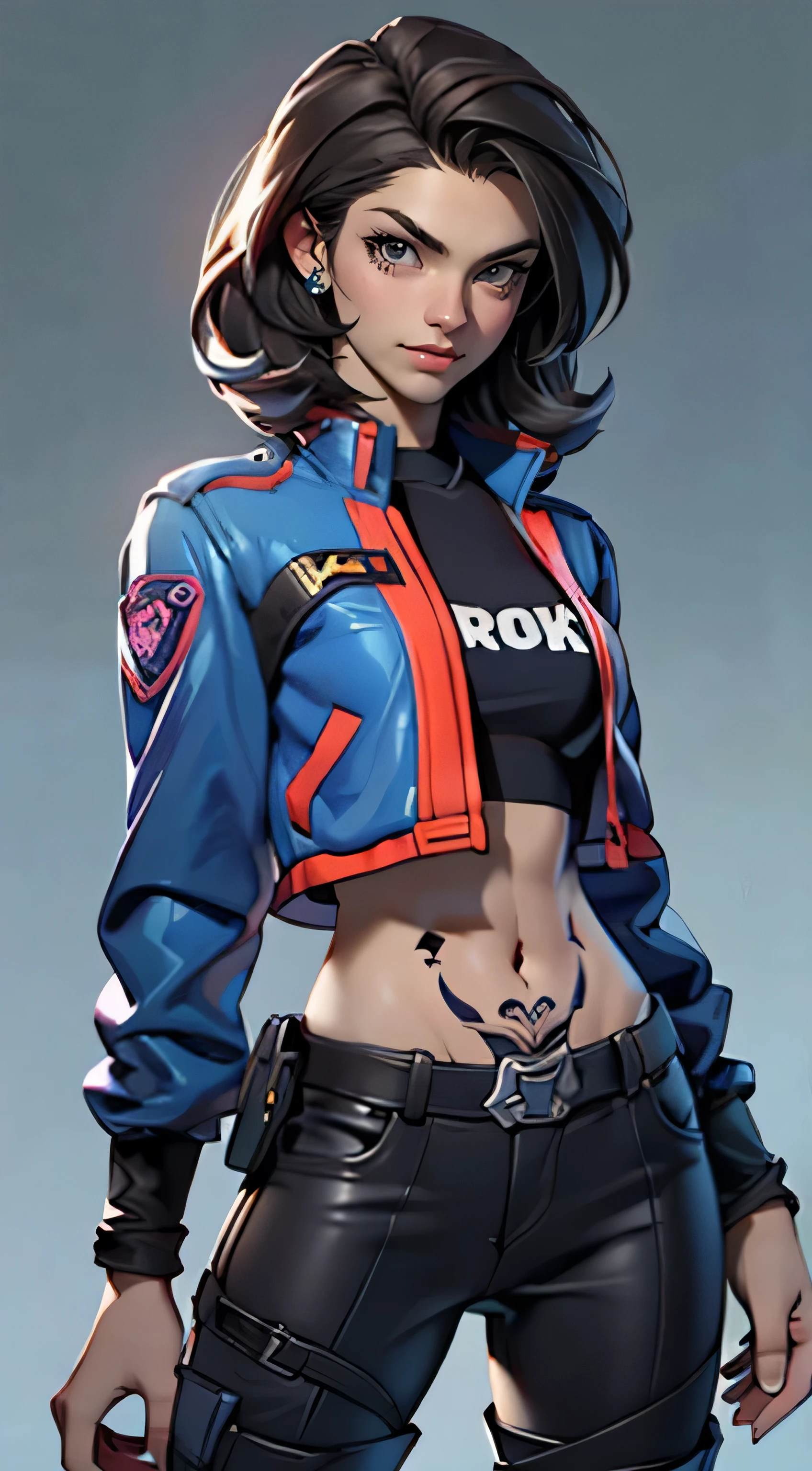 11:23(((best quality: 1.4))),(Unparalleled masterpiece), (ultra high definition),(Hyper-realistic 8K CG)、(action of raising one hand),(dark hair) ((( Body))), (((1 girl in))), 25-year-old American soldier with perfect Body,,Beautiful and well groomed face,muscular Body:1.2,Solid royal blue jacket with details, (Pictures from head to thighs), Complex equipment, Purple,trousers,The clothes inside are dark,Clothes with armored metal electronic parts, poison tattoo )