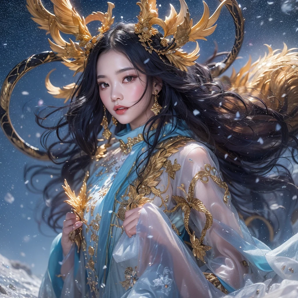 Antlers Flying Nine Tails Light Blue Heavenly Master Flame Hair Star,Moon Night black, gold and orange snake print silk trousers,Rouge Diamond Tulle Sheer Lizard Print,Girl flying in space in the snow 1:900 miniatures,Front view,pure transparency,put on boxing gloves,Wear gold-framed Reverse Light sunglasses,Panoramic super wide angle,very happy,Authentic and delicate texture,Strong visual impact,super detailed,dream girl,delicate face型,beautiful eyes,Hair floating in the air, cherry style,Zhou Xiaotong,crystal clear,Good sense of perspective,Light shadow effect,16KLight slip,surface reflected Light,flowing black hair,Water Goddess 32K,complicated,grace,Very detailed,Gorgeous,digital photography,Autumn Cowboy Shooting,Surrealism,broken ruby,defeat magic,Water magic entanglement,(masterpiece,Light,beautiful eyes:1.2),high dynamic range,void 5 energy storm,(china 1 girl,black eyes:1.5),rouge skin,Light skin,(sit on stone:1.5),delicate face,black hair,Put on Gorgeous golden armor,starry sky background,beautiful golden armor,it'it'it'It's raining,beautiful,University Teachers'Don't look at the audience,focus shift,masterpiece