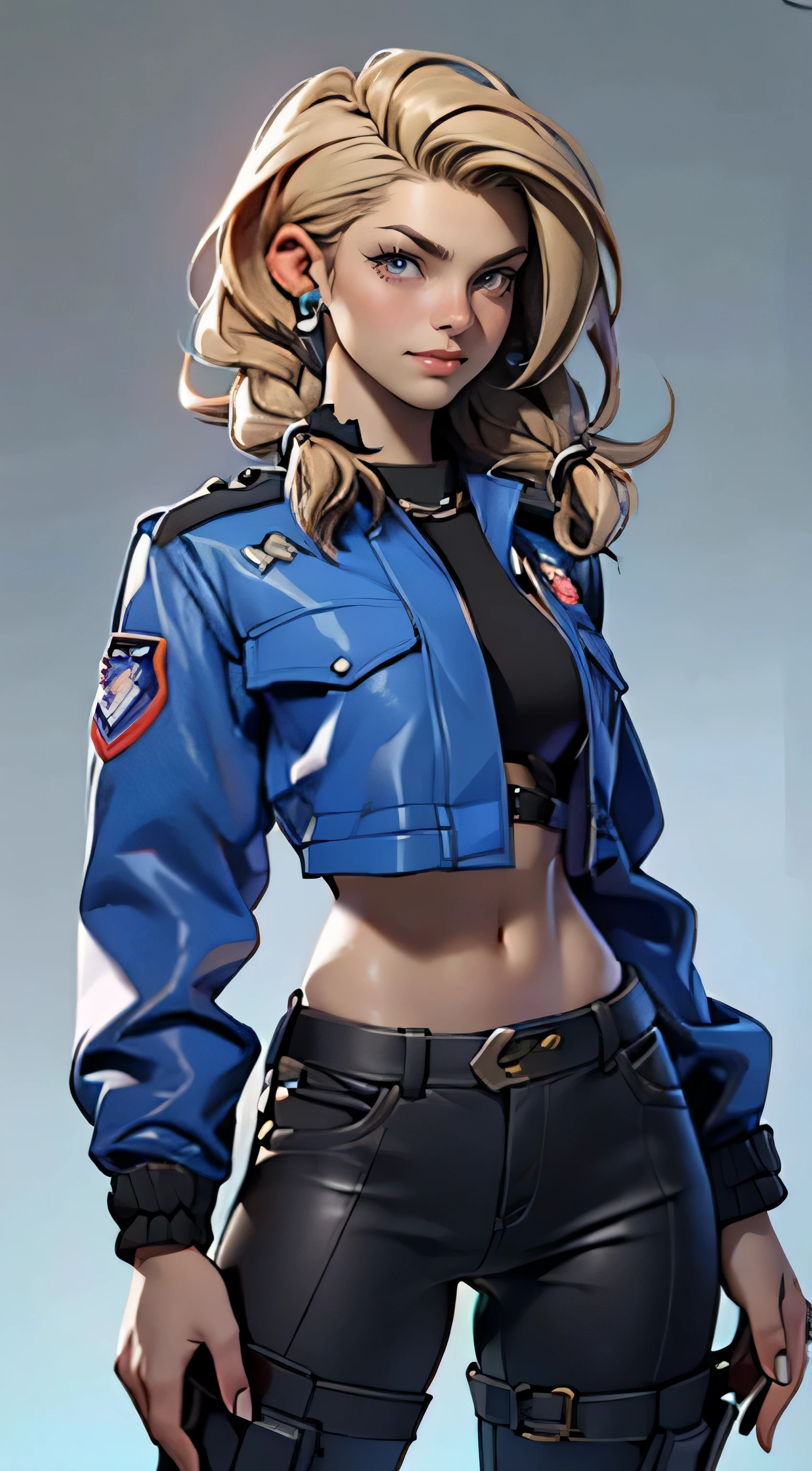 11:23(((best quality: 1.4))),(Unparalleled masterpiece), (ultra high definition),(Hyper-realistic 8K CG)、(one hand action),(light hair),(Braids), ((( Body))), (((1 girl in))), 25-year-old American soldier with perfect Body,,Beautiful and well groomed face,muscular Body:1.2,Solid royal blue jacket with details, (Pictures from head to thighs), Complex equipment, Purple,trousers,The clothes inside are dark,Clothes with armored metal electronic parts, poison tattoo )