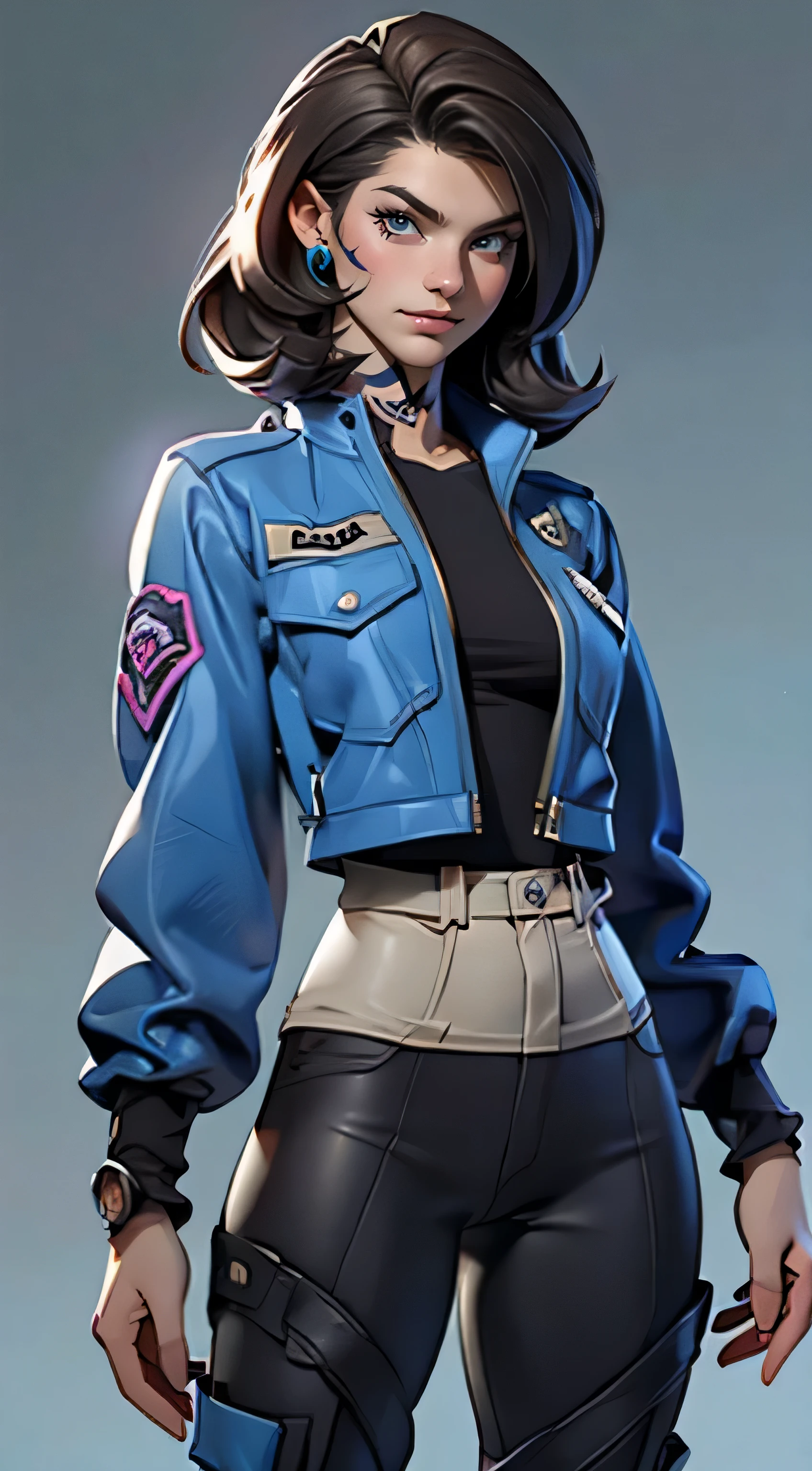 11:23(((best quality: 1.4))),(Unparalleled masterpiece), (ultra high definition),(Hyper-realistic 8K CG)、(one hand action),(dark hair),(girl), ((( Body))), (((1 girl in))), 25-year-old American soldier with perfect Body,,Beautiful and well groomed face,muscular Body:1.2,Solid royal blue jacket with details, (Pictures from head to thighs), Complex equipment, Purple,trousers,The clothes inside are dark,Clothes with armored metal electronic parts, poison tattoo )