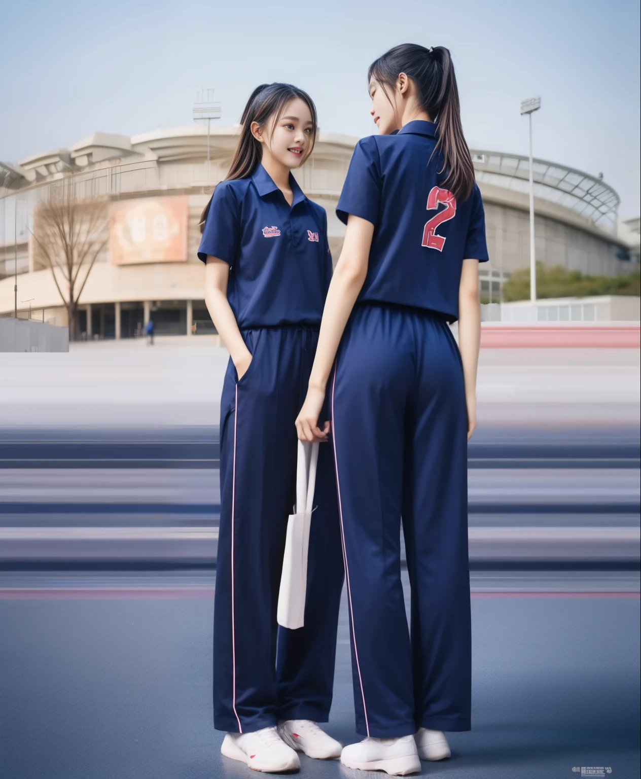 (best quality,10,10,height,Masterpiece:1.2),Special details,(realistic,ภาพrealistic,Realistic photos:1.37),1 cute girl on the football field,shiny, ผิวshiny,only,smile softly,BDclothelue shirt:1.3)),short sleeve,shirt, กางเกงขาlong.,(navy_long_track pants:1.1), ((stadium background:1.3)),Dynamic angle,excited,Face focus,dynamic poses,from behind,focus on ass,Masterpiece, best quality, ultra realistic, hyper-detail, 8K resolution, raw photos, Sharp focus, ((Navy blue shirt:1.1)), short sleeve, เส้นทางlong, perfect body, 2 mature women, 18 years old, Cinema-grade lighting system,blue sweatpants,shirtผ้าออกกำลังกาย,correct anatomy,perfect body, correct body, Sharp face, correct bodyทางกายวิภาค, full body, realistic gestures, long-haired, realistic poses,Wear long shorts................................,ช่วงขาlong,Good shape,carved girl, Slender figure, model, Good shape, beautiful body,blue sweatpants, two girls kissing