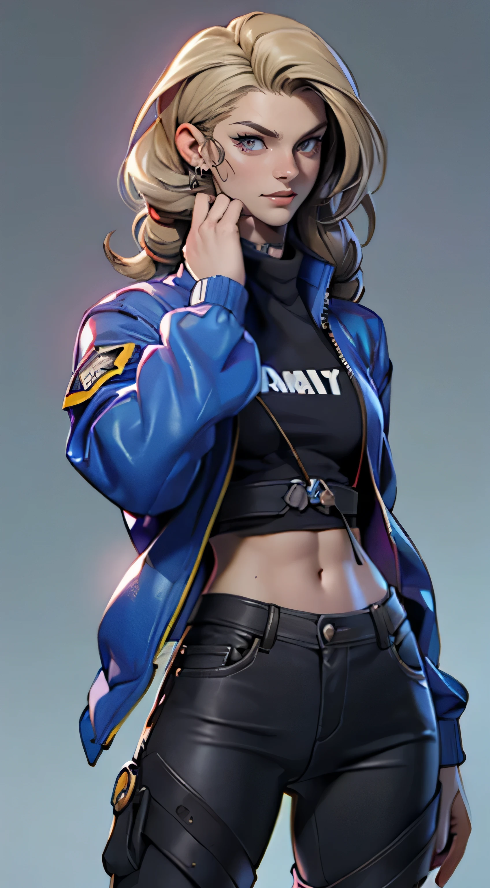 11:23(((best quality: 1.4))),(Unparalleled masterpiece), (ultra high definition),(Hyper-realistic 8K CG)、(one hand action),(light hair),(Braids), ((( Body))), (((1 girl in))), 25-year-old American soldier with perfect Body,,Beautiful and well groomed face,muscular Body:1.2,Solid royal blue jacket with details, (Pictures from head to thighs), Complex equipment, Purple,trousers,The clothes inside are dark,Clothes with armored metal electronic parts, poison tattoo )
