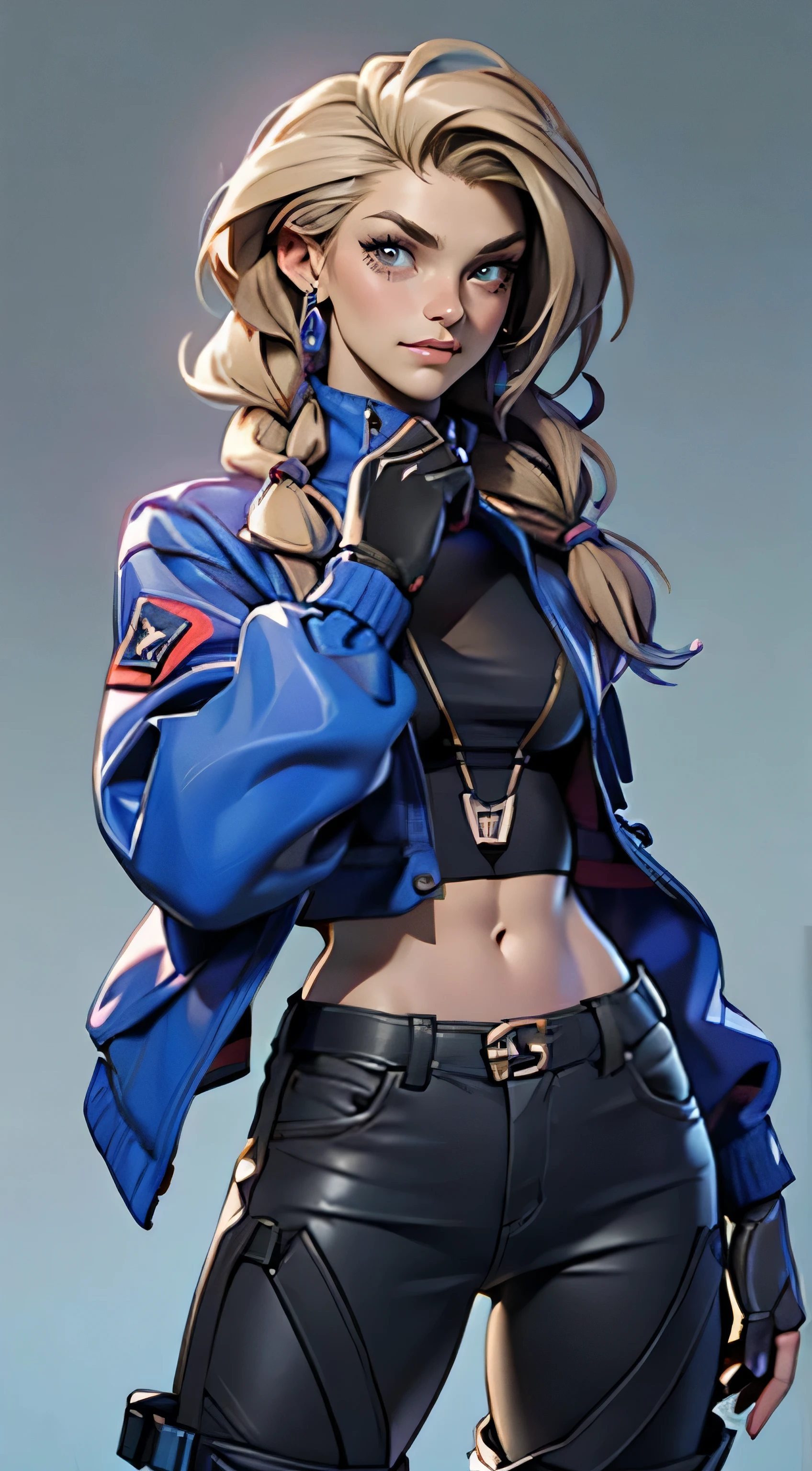 11:23(((best quality: 1.4))),(Unparalleled masterpiece), (ultra high definition),(Hyper-realistic 8K CG)、(wave),(One hand moves),(light hair),(Braids), ((( Body))), (((1 girl in))), 25-year-old American soldier with perfect Body,,Beautiful and well groomed face,muscular Body:1.2,Solid royal blue jacket with details, (Pictures from head to thighs), Complex equipment, Purple,trousers,The clothes inside are dark,Clothes with armored metal electronic parts, poison tattoo )