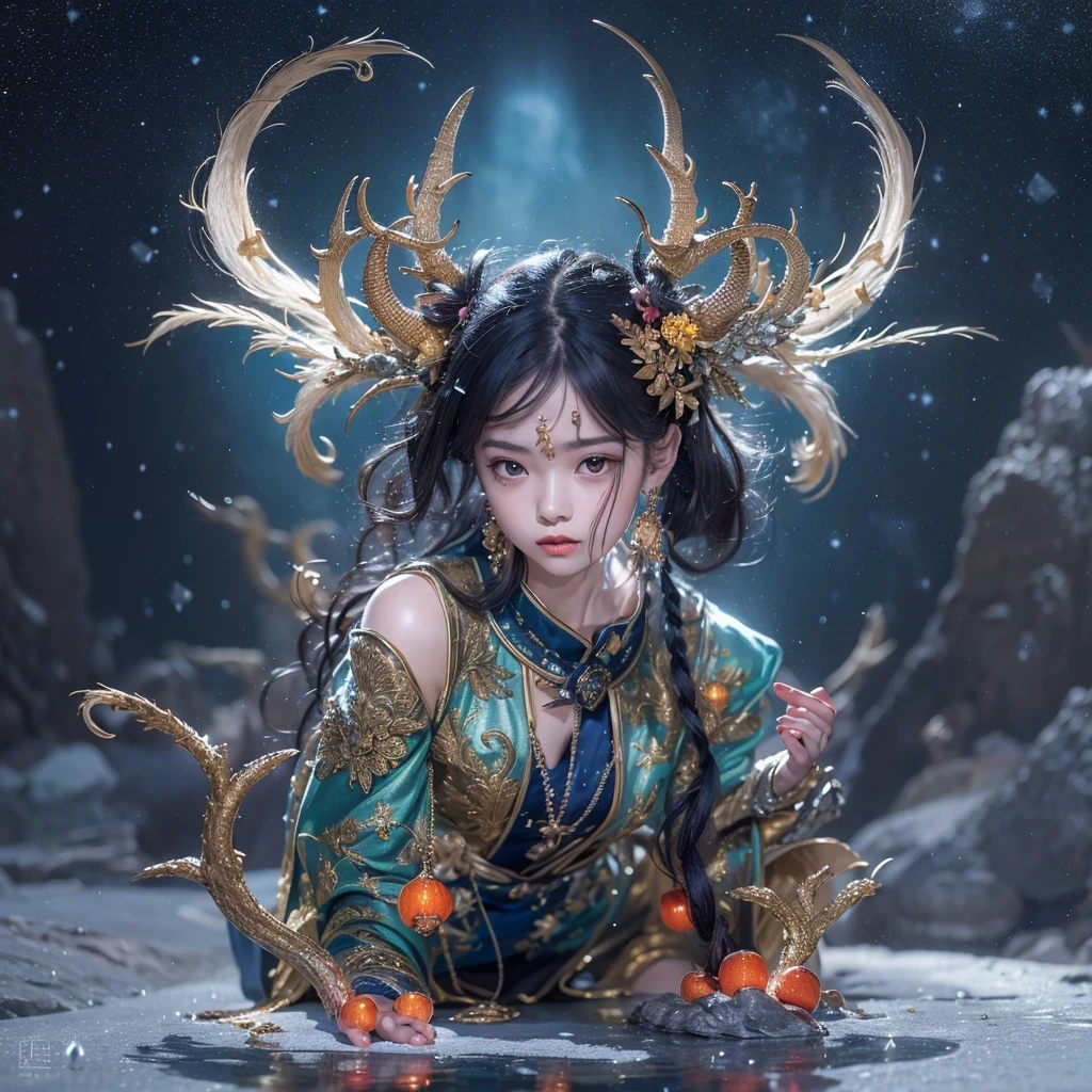Antlers Flying Nine Tails Light Blue Heavenly Master Flame Hair Star,Moon Night black, gold and orange snake print silk trousers,Rouge Diamond Tulle Sheer Lizard Print,Girl flying in space in the snow 1:900 miniatures,Front view,pure transparency,put on boxing gloves,Wear gold-framed Reverse Light sunglasses,Panoramic super wide angle,very happy,Authentic and delicate texture,Strong visual impact,super detailed,dream girl,delicate face型,beautiful eyes,Hair floating in the air, cherry style,Zhou Xiaotong,crystal clear,Good sense of perspective,Light shadow effect,16KLight slip,surface reflected Light,flowing black hair,Water Goddess 32K,complicated,grace,Very detailed,Gorgeous,digital photography,Autumn Cowboy Shooting,Surrealism,broken ruby,defeat magic,Water magic entanglement,(masterpiece,Light,beautiful eyes:1.2),high dynamic range,void 5 energy storm,(china 1 girl,black eyes:1.5),rouge skin,Light skin,(sit on stone:1.5),delicate face,black hair,Put on Gorgeous golden armor,starry sky background,beautiful golden armor,it'it'it'It's raining,beautiful,University Teachers'Don't look at the audience,focus shift,masterpiece