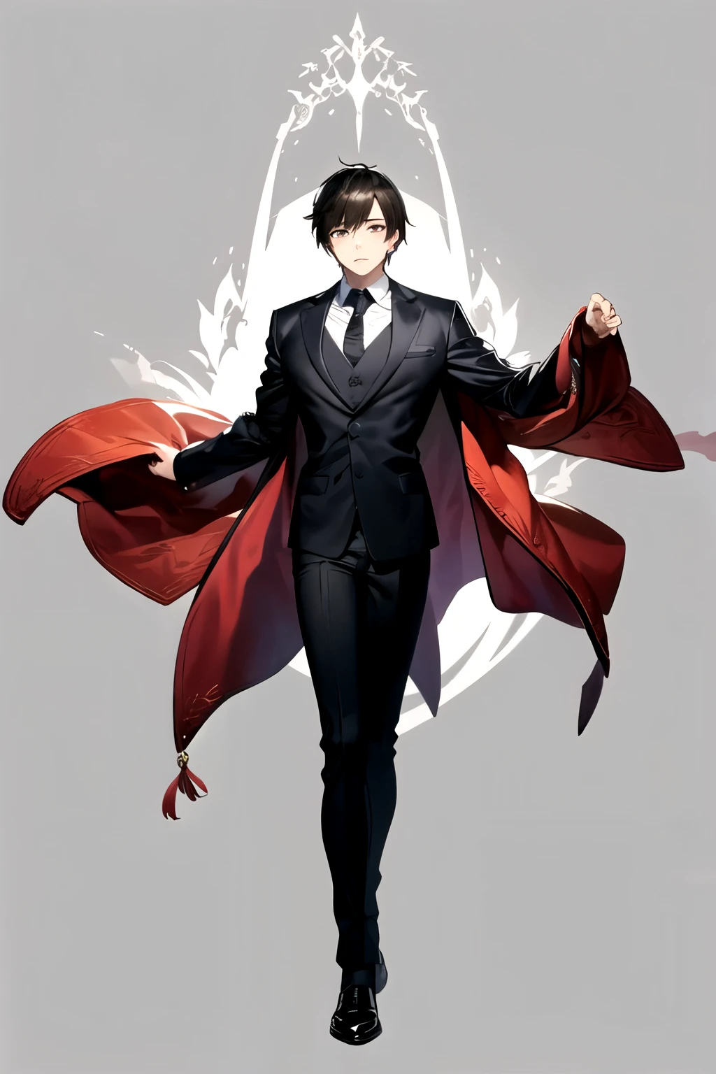 masterpiece,best quality,1boy,stand,panoramic,empty background,suit,tie,leather shoes。