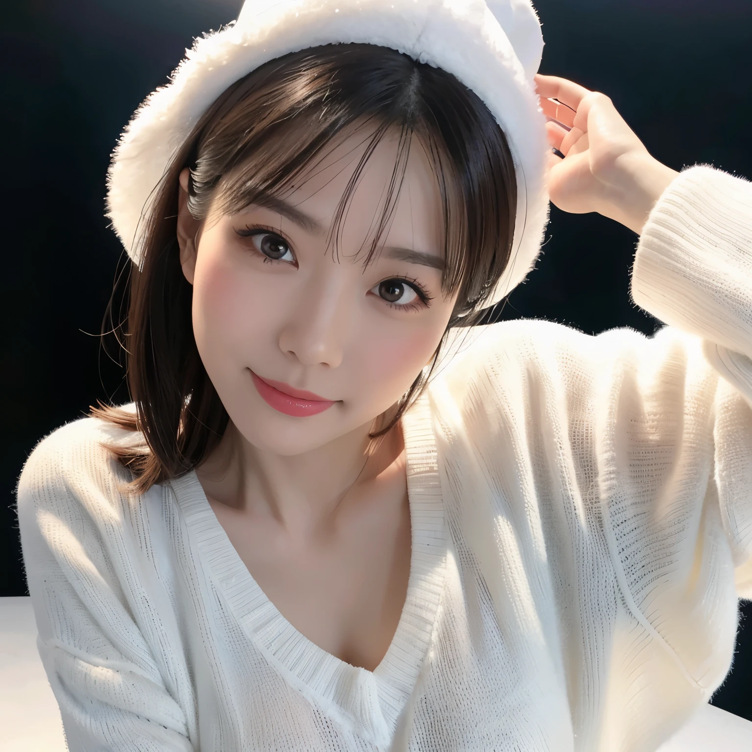 (highest quality、table top、8k、best image quality、Award-winning work)、One cute beauty、straight medium hair、(alone:1.15)、(White Fitted V-Neck Long Sleeve Knit:1.2)、(black swimsuit:1.1)、(The simplest pure white background:1.3)、(Perfectly fixed at the front:1.1)、close up of face、(very big breasts:1.3)、(emphasize body line:1.2)、(Perfect female frontal and horizontal portrait with proper margins:1.2)、(Perfect expression of a woman whether viewed from the side or from the front:1.2)、beautiful and detailed eyes、look at me and smile、(Upright photo from the chest up:1.2)、(turn around and look straight at me:1.2)、perfect makeup、Ultra high definition beauty face、ultra high definition hair、Super high-definition sparkling eyes、Super high resolution perfect teeth、Super high resolution glossy lips、accurate anatomy、very beautiful skin、(Pure white skin shining in ultra-high resolution:1.1)、Elegant upright posture when viewed from the front、(very bright:1.2)