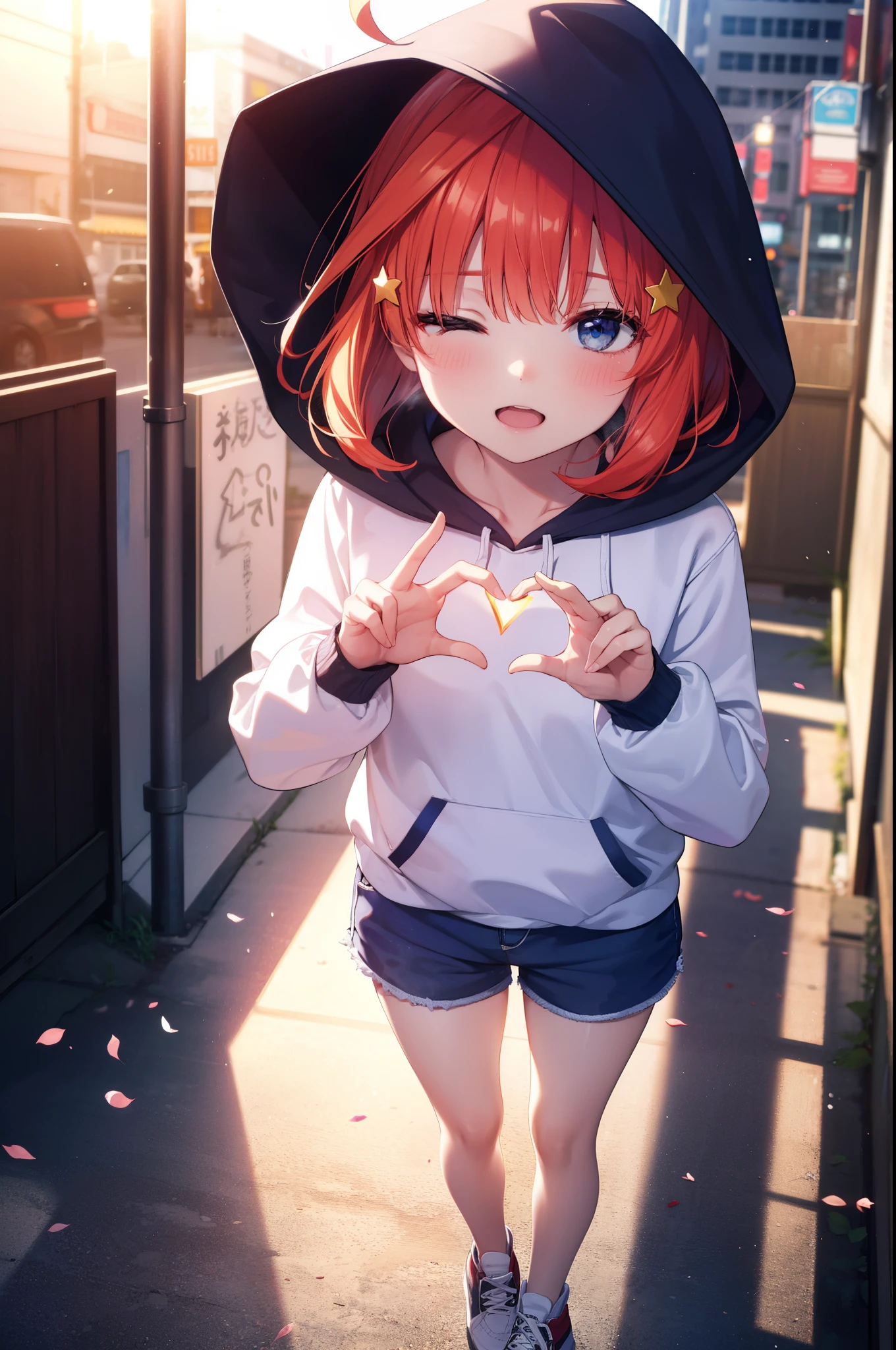 itsukinakano, Itsuki Nakano, bangs, Ahoge, redhead, star \(symbol\), close both eyes,hair ornaments, star hair ornaments,smile,blush,wearing a hood,red oversized hoodie,shorts,white pantyhose,high cut sneakers,(laughter:1.1), (open your mouth:1.1), glare of the sun, Bokeh, Depth of written boundary, blurred background, particles of light, strong wind, (heart particles:1.1)
rest outdoors, city,Destroy the building area (masterpiece:1.2), highest quality, High resolution, unity 8k wallpaper, (shape:0.8), highly detailed face, perfect lighting, Very detailed CG, (perfect hands, perfect anatomy),