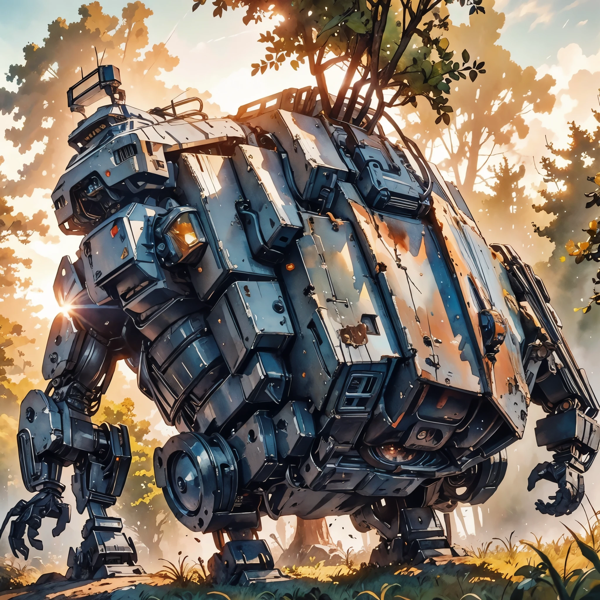 rusty Mecha, dead laying mecha, Abandoned Mech, {broken mecha:1.5}, in junkyard, scrapped, bushes, grass, {rusted. rust, rusty:1.5}, (anime:1.9), (watercolor, high detail, cinematic lighting, god rays, ray tracing, reflection light, backlighting, drop shadow, bokeh, UHD, retina, masterpiece, anatomically correct, super detail, high details, high quality, highres, best quality, 4K, 1080P, 8k