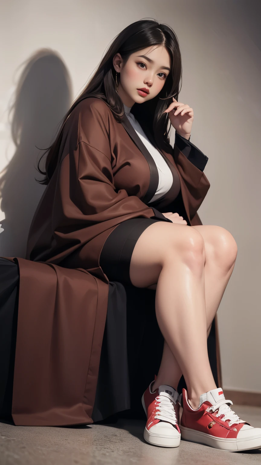 there is a woman sitting down with a longest brown hair, bbwchan, thicc, brown hijab outfit, brown hairstyle model, korean girl, korean woman, wearing brown robe, full length shot, alluring plus sized model, japanese goddess, clothed in hooded, voluptuous and arousing, portrait shot, curvy model, voluptuous body, wonderful, nene tanaka body , bbwchan, The overall atmosphere is smooth , haunting illustrations, extremely high-resolution details, photographic, realism pushed to extreme, fine texture, 4k, ultra-detailed, high quality, high contrast, red sneakers , cold atmosphere ,, cold atmosphere