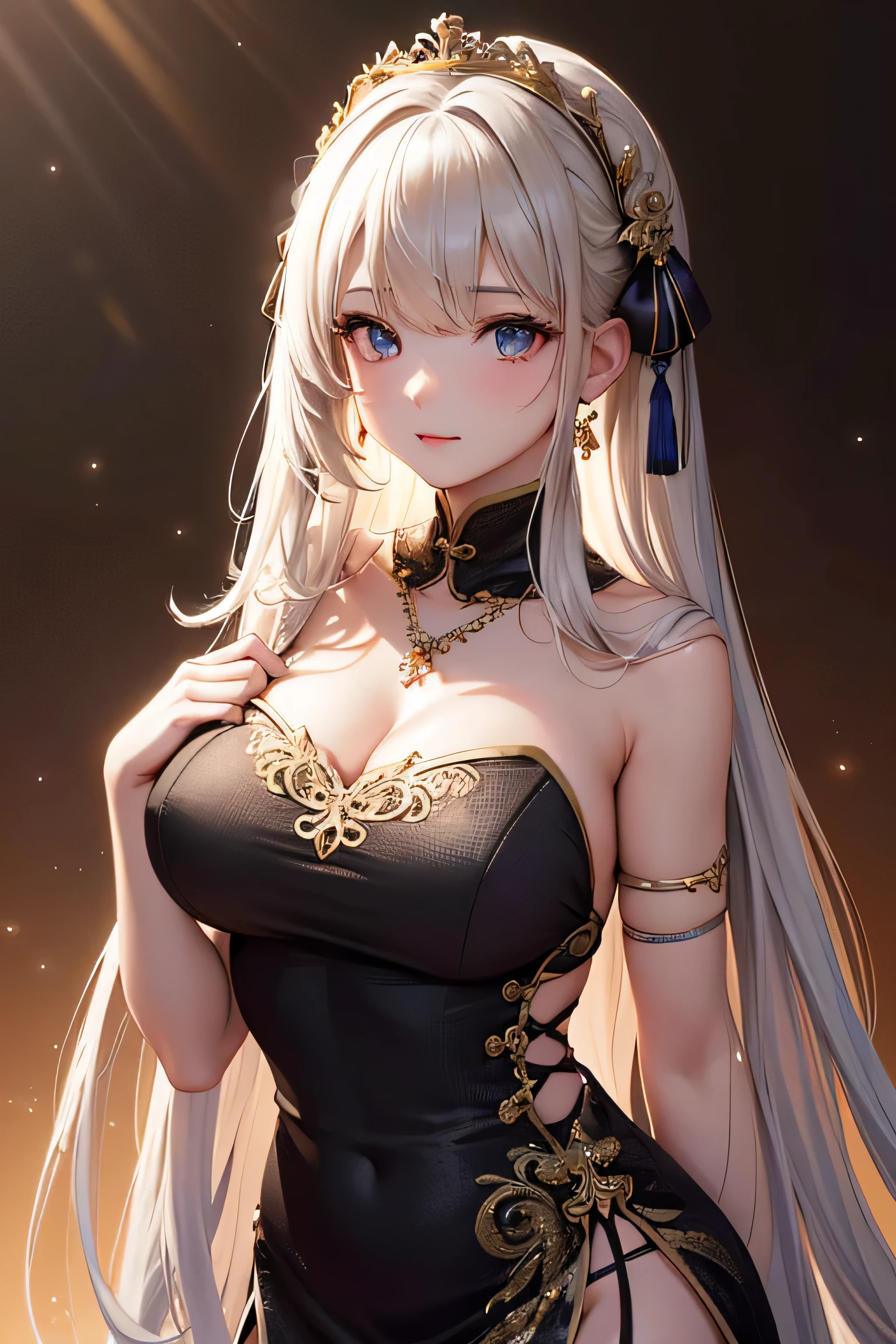 best quality, masterpiece, high resolution, 1 girl,Chinese dress,hair accessories,necklace, jewelry,pretty face,above_Body, Tyndall effect,lifelike, dark studio, edge lighting, two color lights,(High detail skin:1.2), 8K Ultra HD, SLR camera, soft light, high quality, Volumetric lighting, confess, photo, high resolution, 4k, 8k, Bokeh,
