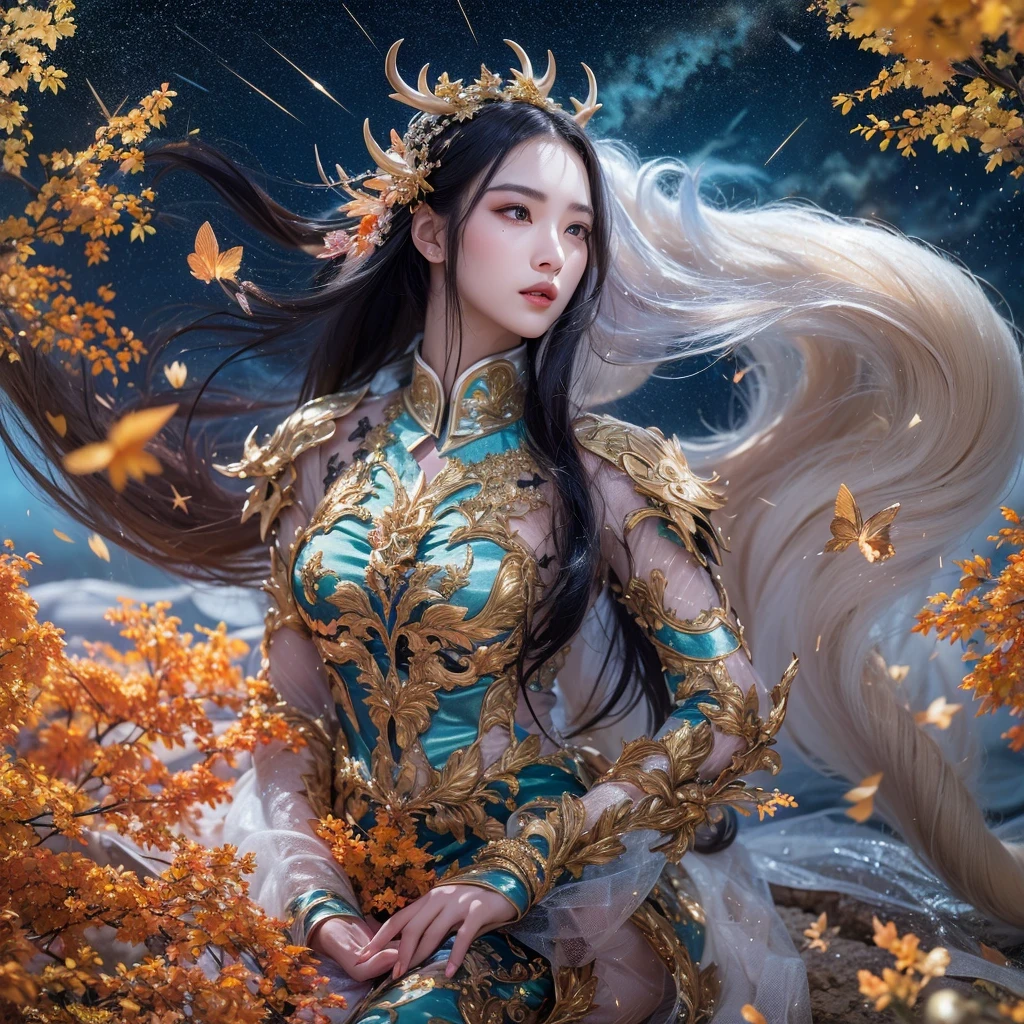 Antlers Flying Nine Tails Light Blue Heavenly Master Flame Hair Star，Moon Night black, gold and orange snake print silk trousers，Rouge Diamond Tulle Sheer Lizard Print，Girl flying in space in the snow 1:900 miniatures，Front view，pure transparency，put on boxing gloves，Wear gold-framed Reverse Light sunglasses，Panoramic super wide angle，very happy，Authentic and delicate texture，Strong visual impact，super detailed，dream girl，delicate face型，beautiful eyes，Hair floating in the air， cherry style，Zhou Xiaotong，crystal clear，Good sense of perspective，Light shadow effect，16KLight slip，surface reflected Light，flowing black hair，Water Goddess 32K，complicated，grace，Very detailed，Gorgeous，digital photography，Autumn Cowboy Shooting，Surrealism，broken ruby，defeat magic，Water magic entanglement，（masterpiece，Light，beautiful eyes：1.2），high dynamic range，void 5 energy storm，(china 1 girl，black eyes:1.5），rouge skin，Light skin，(sit on stone：1.5），delicate face，black hair，Put on Gorgeous golden armor，starry sky background，beautiful golden armor，it&#39;it&#39;it&#39;It&#39;s raining，beautiful，University Teachers&#39;Don&#39;t look at the audience，focus shift，masterpiece