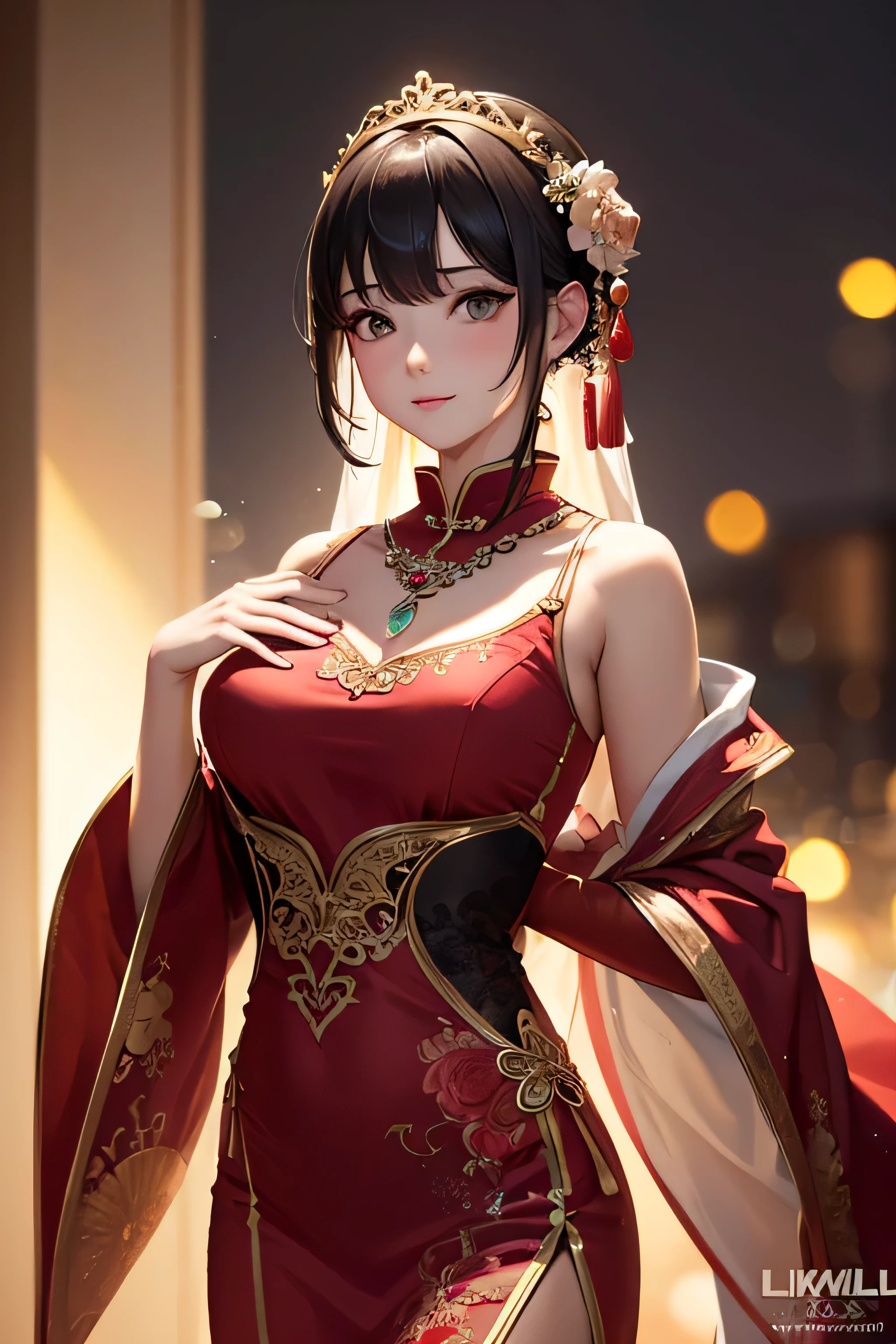 best quality, masterpiece, high resolution, 1 girl,Chinese dress,hair accessories,necklace, jewelry,pretty face,above_Body, Tyndall effect,lifelike, dark studio, edge lighting, two color lights,(High detail skin:1.2), 8K Ultra HD, SLR camera, soft light, high quality, Volumetric lighting, confess, photo, high resolution, 4k, 8k, Bokeh,