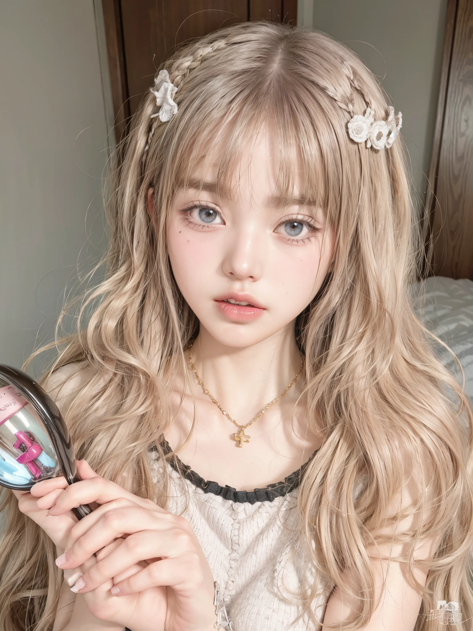 Chica de cabello rubio con ojos azules sosteniendo un cepillo para el cabello y un espejo., ulzzang, peinado kawaii, peinado kawaii, pelo largo y rubio y ojos grandes, pelo rubio con coletas, peinado de dos colas, maquillaje popular de corea del sur, muy hermosa linda catgirl, pelo largo y rubio y ojos grandes, linda chica kawaii, Retrato realista kawaii, Cabello rosado y ojos cian.