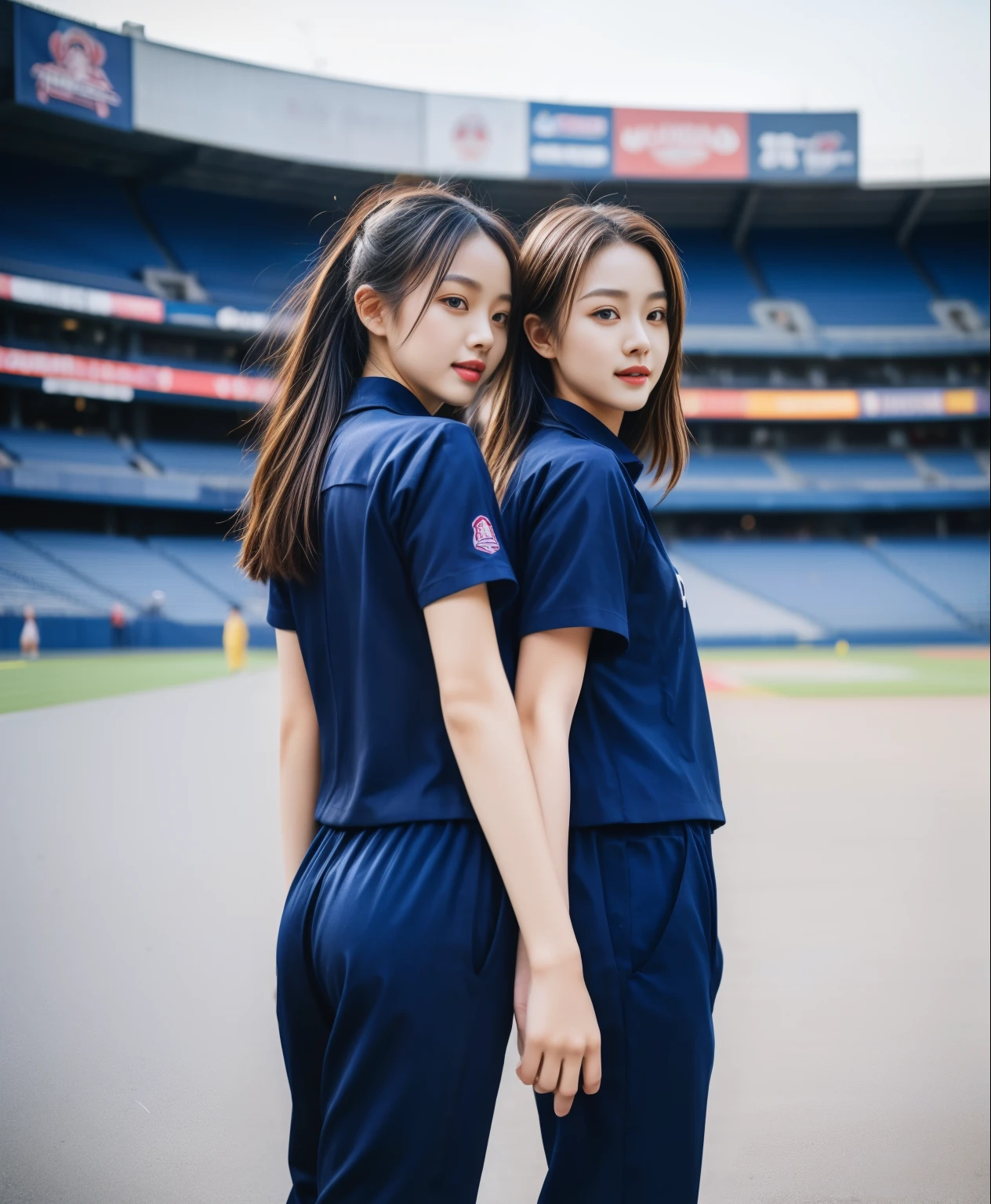 (best quality,10,10,height,Masterpiece:1.2),Special details,(realistic,ภาพrealistic,Realistic photos:1.37),1 cute girl on the football field,shiny, ผิวshiny,only,smile softly,BDclothelue shirt:1.3)),short sleeve,shirt, กางเกงขาlong.,(navy_long_track pants:1.1), ((stadium background:1.3)),Dynamic angle,excited,Face focus,dynamic poses,from behind,focus on ass,Masterpiece, best quality, ultra realistic, hyper-detail, 8K resolution, raw photos, Sharp focus, ((Navy blue shirt:1.1)), short sleeve, เส้นทางlong, perfect body, 2 mature women, 18 years old, Cinema-grade lighting system,blue sweatpants,shirtผ้าออกกำลังกาย,correct anatomy,perfect body, correct body, Sharp face, correct bodyทางกายวิภาค, full body, realistic gestures, long-haired, realistic poses,Wear long shorts................................,ช่วงขาlong,Good shape,carved girl, Slender figure, model, Good shape, beautiful body,blue sweatpants, two girls kissing