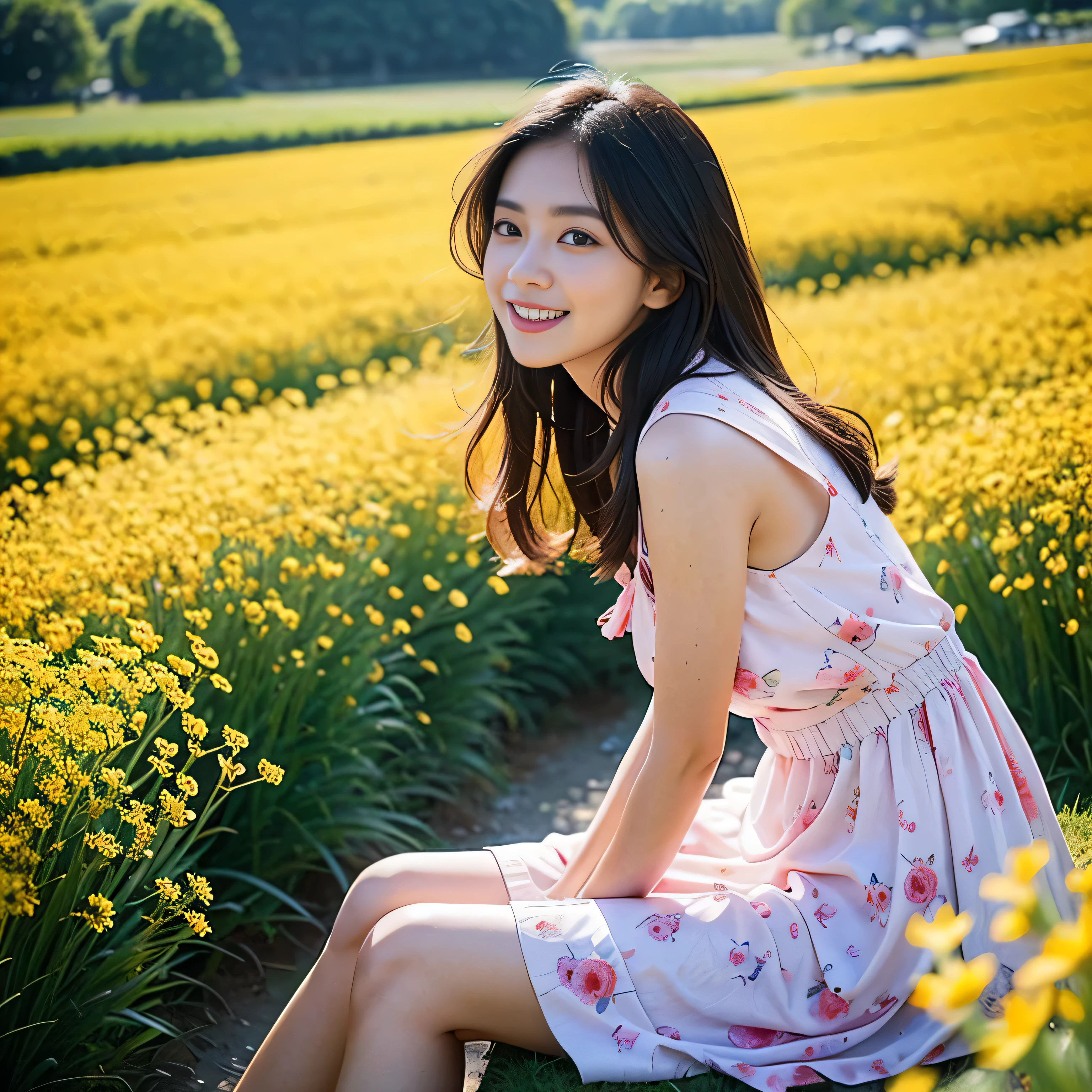 TYPE : Beauty Photography
THEME : natural
RACE : Indonesian, young
PERSON 1 : Early 20s, woman
SCENE : outdoor , sitting in the middle of a field of very tall and beautiful flower field, side view , full filled with tall flower field, creating an beauty atmosphere , wind blowing effect, beautiful expression , graceful pose .smile at camera
PROPS: : fields of tall flower field, blue sky  , wearing soft pink patterned long dress, wind blow 
CAMERA : photographed using an Canon eos 90d DSLR camera with 18-135mm lens , detail skin texture , detailed face , close up , low exposure
ANGLE : High Dynamic Range (HDR) shot
