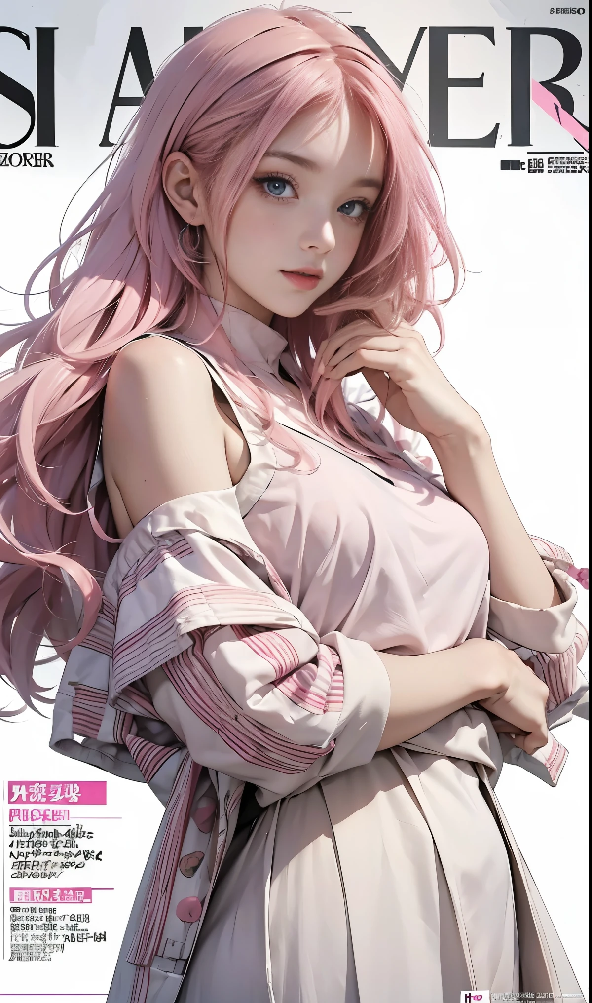 Best quality, Works of masters, A high resolution, 1girl, Super beautiful face, super beautiful eye, Super beautiful pink hair，(MagazineCover:1.2)，Trendy outfits，Expose shoulders