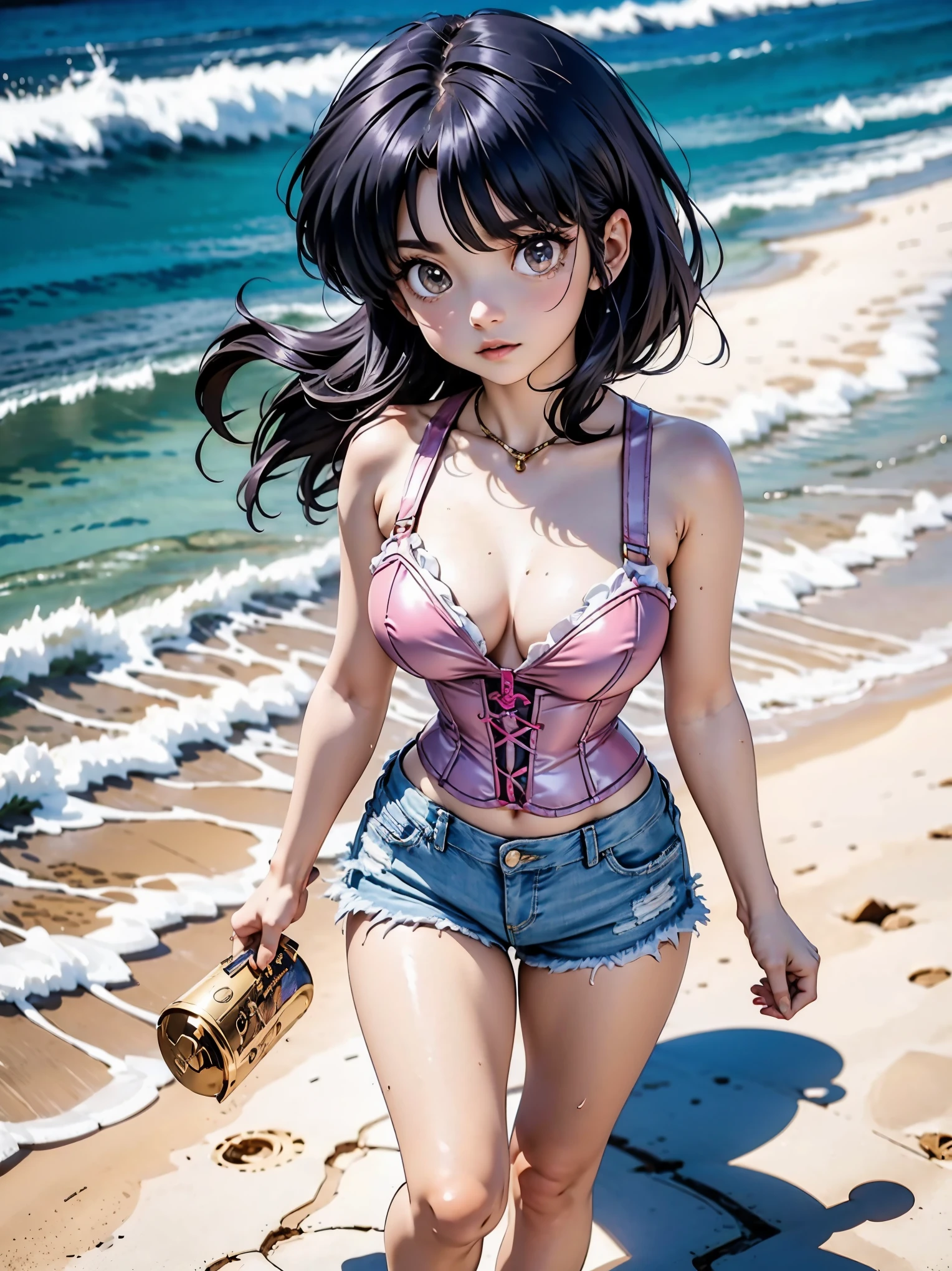 Anime cabelo escuro com short jeans e corset pink, 16 anos, corpo bonito, seios grandes, com as hands on chest, hands on chest, Garota sexy, purple cabelo, mechas de cabelo laterais, mechas de cabelo na lateral do rosto, beautiful lighting, sombras suaves, olhos azuis, pernas bonitas, cabelo curto, estilo anime, personagem Akane Tendo, Autora Rumiko Takahashi, Baseado em obra de Rumiko Takahashi, Anime Ranma 1/ 2, decote sexy, quadril robusto, corpo inteiro, corpo inteiro, busto grande, garota jovem com corpo belo e bonito, sandals on his feet, garota 16 anos jovem baixa estatura, usando short jeans e corset pink, garota anime, estilo anime, beautiful feet in sandals, 45° viewing angle, ao ar livre, peito grande, seios bonitos, cabelo preto, sandals on the feet, pernas bonitas, sexy, coxas perfeitas, sandalias 