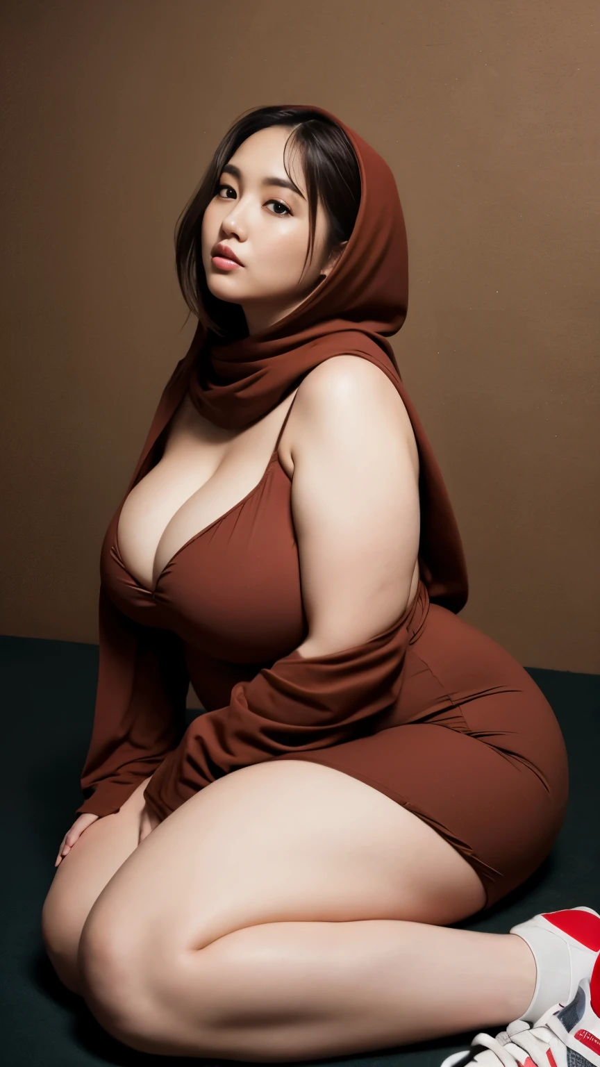 there is a woman sitting down with a longest brown hair, bbwchan, thicc, brown hijab outfit, brown hairstyle model, korean girl, korean woman, wearing brown robe, full length shot, alluring plus sized model, japanese goddess, clothed in hooded, voluptuous and arousing, portrait shot, curvy model, voluptuous body, wonderful, nene tanaka body , bbwchan, The overall atmosphere is smooth , haunting illustrations, extremely high-resolution details, photographic, realism pushed to extreme, fine texture, 4k, ultra-detailed, high quality, high contrast, red sneakers , cold atmosphere ,, cold atmosphere