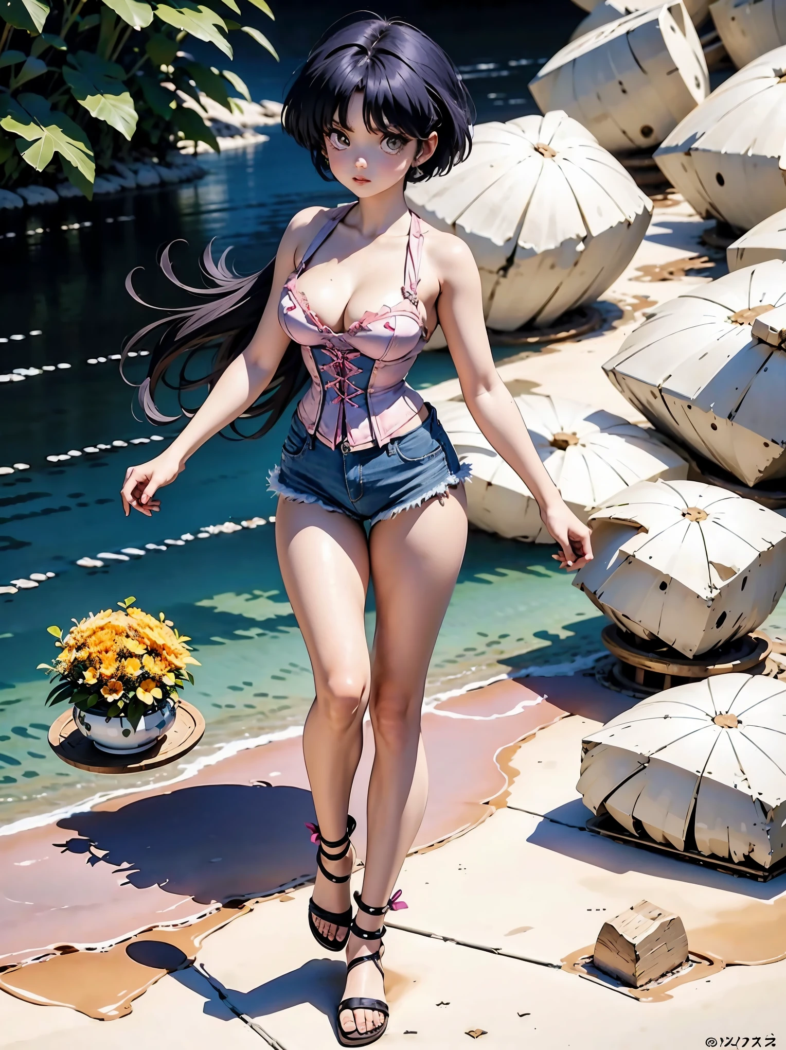 Anime cabelo escuro com short jeans e corset pink, , corpo bonito, seios grandes, com as hands on chest, hands on chest, Garota sexy, purple cabelo, mechas de cabelo laterais, mechas de cabelo na lateral do rosto, beautiful lighting, sombras suaves, olhos azuis, pernas bonitas, cabelo curto, estilo anime, personagem Akane Tendo, Autora Rumiko Takahashi, Baseado em obra de Rumiko Takahashi, Anime Ranma 1/ 2, decote sexy, quadril robusto, corpo inteiro, corpo inteiro, busto grande, garota jovem com corpo belo e bonito, sandals on his feet, garota 16 anosbaixa estatura, usando short jeans e corset pink, garota anime, estilo anime, beautiful feet in sandals, 45° viewing angle, ao ar livre, peito grande, seios bonitos, cabelo preto, sandals on the feet, pernas bonitas, sexy, coxas perfeitas, sandalias