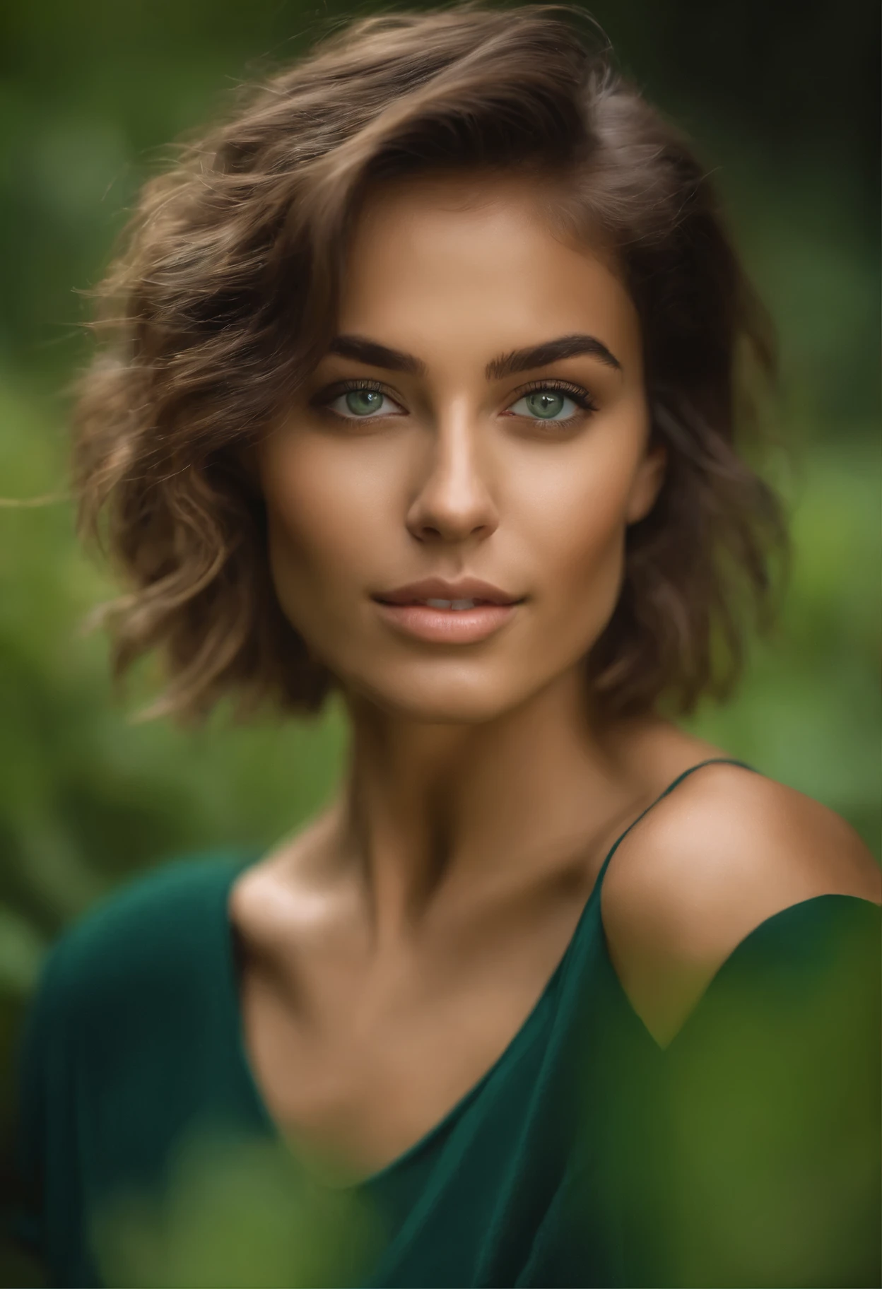 Realistic photo of a sensual woman in her 20s, messy short hair, green eyes, tanned skin, sweet face)) Capture a breathtakingly realistic photograph of a sensual woma