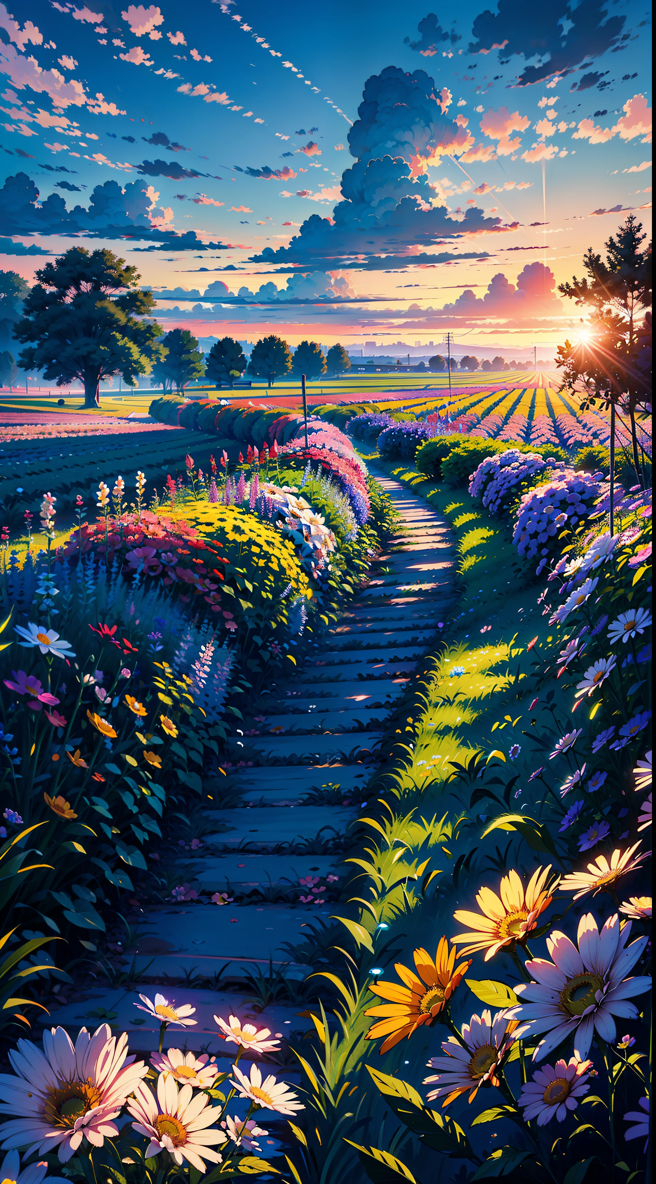 field, ((field of neon flowers)), clouds, sunrise