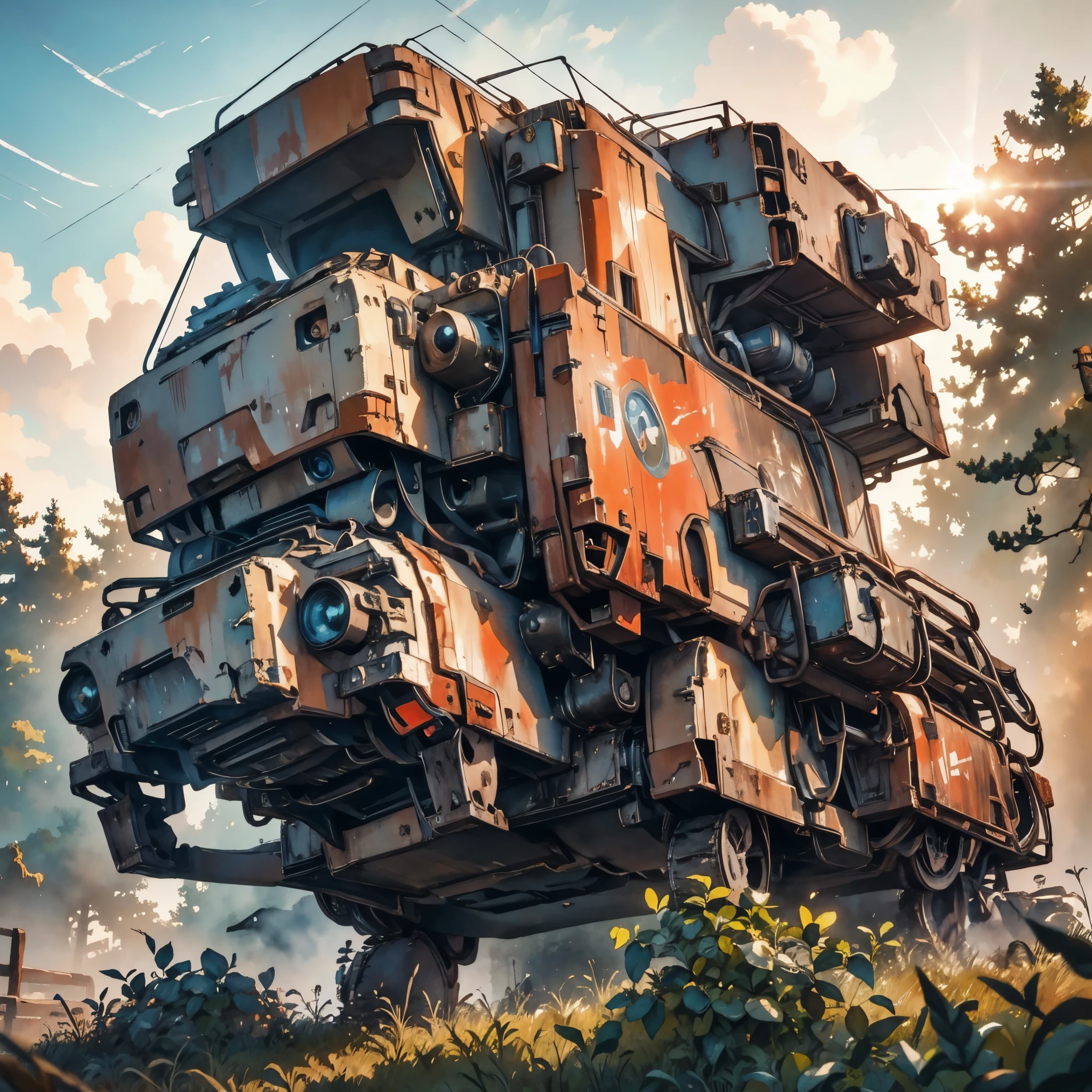 rusty Mecha, dead laying mecha, Abandoned Mech, {broken mecha:1.5}, in junkyard, scrapped, bushes, grass, {rusted. rust, rusty:1.5}, (anime:1.9), (watercolor, high detail, cinematic lighting, god rays, ray tracing, reflection light, backlighting, drop shadow, bokeh, UHD, retina, masterpiece, anatomically correct, super detail, high details, high quality, highres, best quality, 4K, 1080P, 8k