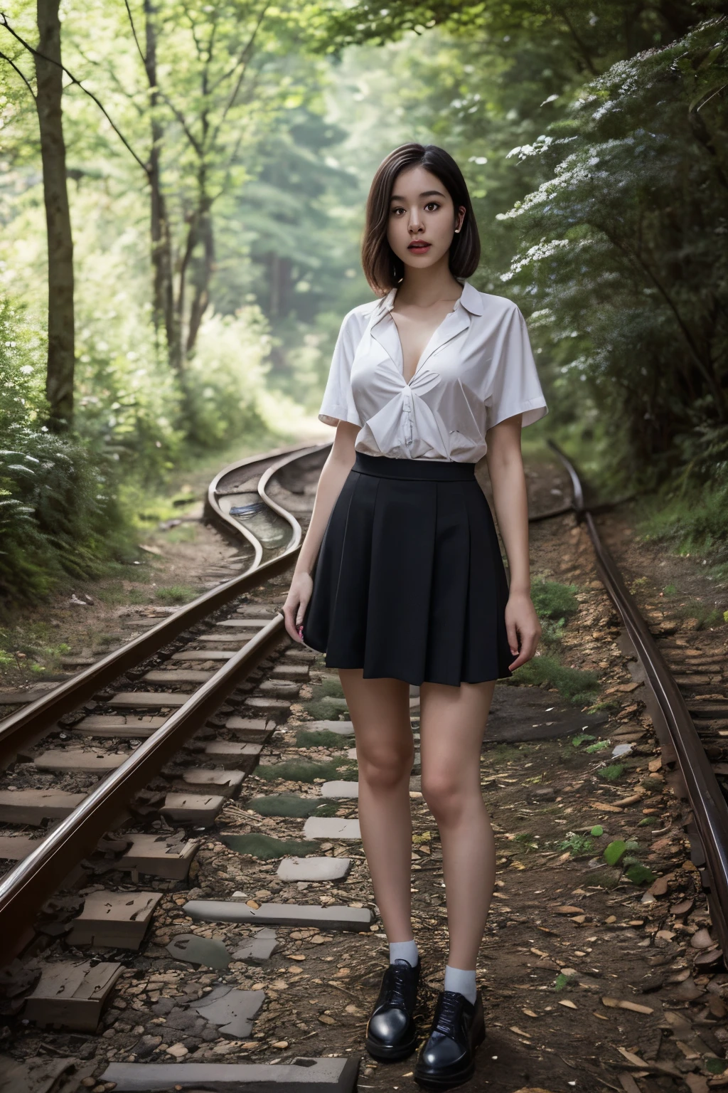 (masterpiece、highest quality,8k,high resolution:1.2),(cute japanese girl、perfect woman),(huge bust、bra、cool shirt),(skirt,seductive hips)、perfect anatomy、beautiful limbs、Abandoned railway tracks、line、Deserted and eerie mountainous area、surprise、aesthetic sense、Artistic、