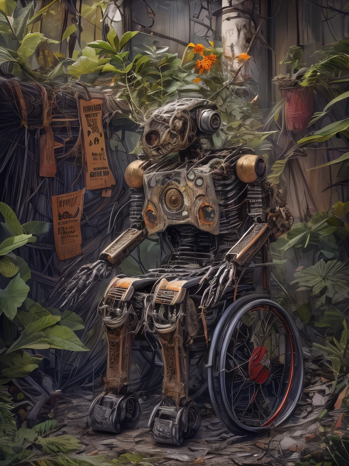 (La best quality,high resolution,super detailed,actual),Old abandoned robot in a wheelchair，covered with plants（ （（A masterpiece full of horror elements）））， （（best quality））， （（intricate details））（8k）