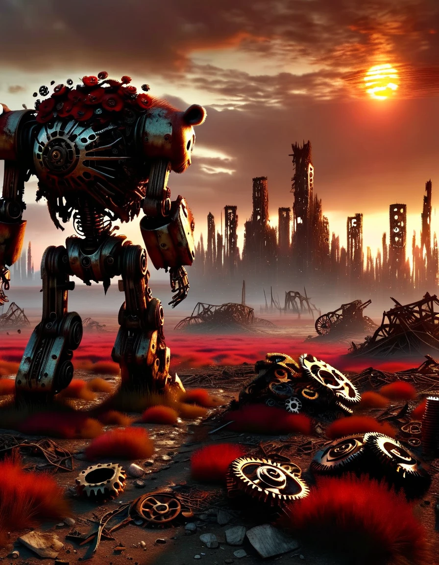 on the desolate wasteland,The afterglow of the setting sun dyes the fragmented skyline red。The once glorious city is now reduced to dust,Only ruins and overgrown wasteland remain。in this desolate landscape,A lone broken and abandoned mecha lies next to a pile of rubble。Its metal casing is badly damaged,wires exposed,As if going through a fierce battle。Broken gears are scattered around the robot、Twisted metal and broken glass。These bear witness to its past,An era of advanced technology and prosperity。However,Now all this has become,Only this broken body is left。With the breeze blowing,Weeds swaying around,As if mourning its fall。The afterglow of the setting sun shines on it,Giving its damaged shell a layer of tragic light。in this desolate scene,The wasteland world has become a symbol of an era,A once glorious civilization no longer exists。it lies there alone,let time pass,Become an unforgettable picture of a ruined world。