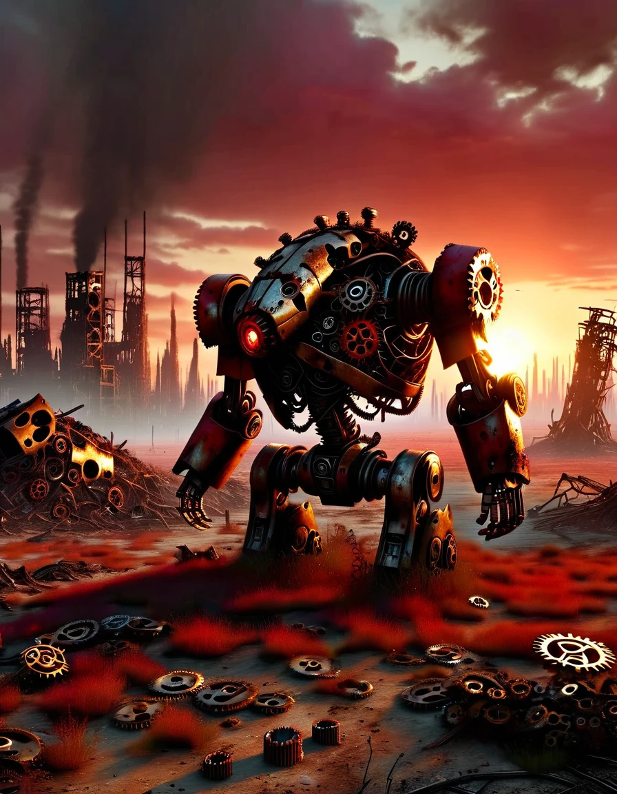 on the desolate wasteland,The afterglow of the setting sun dyes the fragmented skyline red。The once glorious city is now reduced to dust,Only ruins and overgrown wasteland remain。in this desolate landscape,A lone broken and abandoned mecha lies next to a pile of rubble。Its metal casing is badly damaged,wires exposed,As if going through a fierce battle。Broken gears are scattered around the robot、Twisted metal and broken glass。These bear witness to its past,An era of advanced technology and prosperity。However,Now all this has become,Only this broken body is left。With the breeze blowing,Weeds swaying around,As if mourning its fall。The afterglow of the setting sun shines on it,Giving its damaged shell a layer of tragic light。in this desolate scene,The wasteland world has become a symbol of an era,A once glorious civilization no longer exists。it lies there alone,let time pass,Become an unforgettable picture of a ruined world。