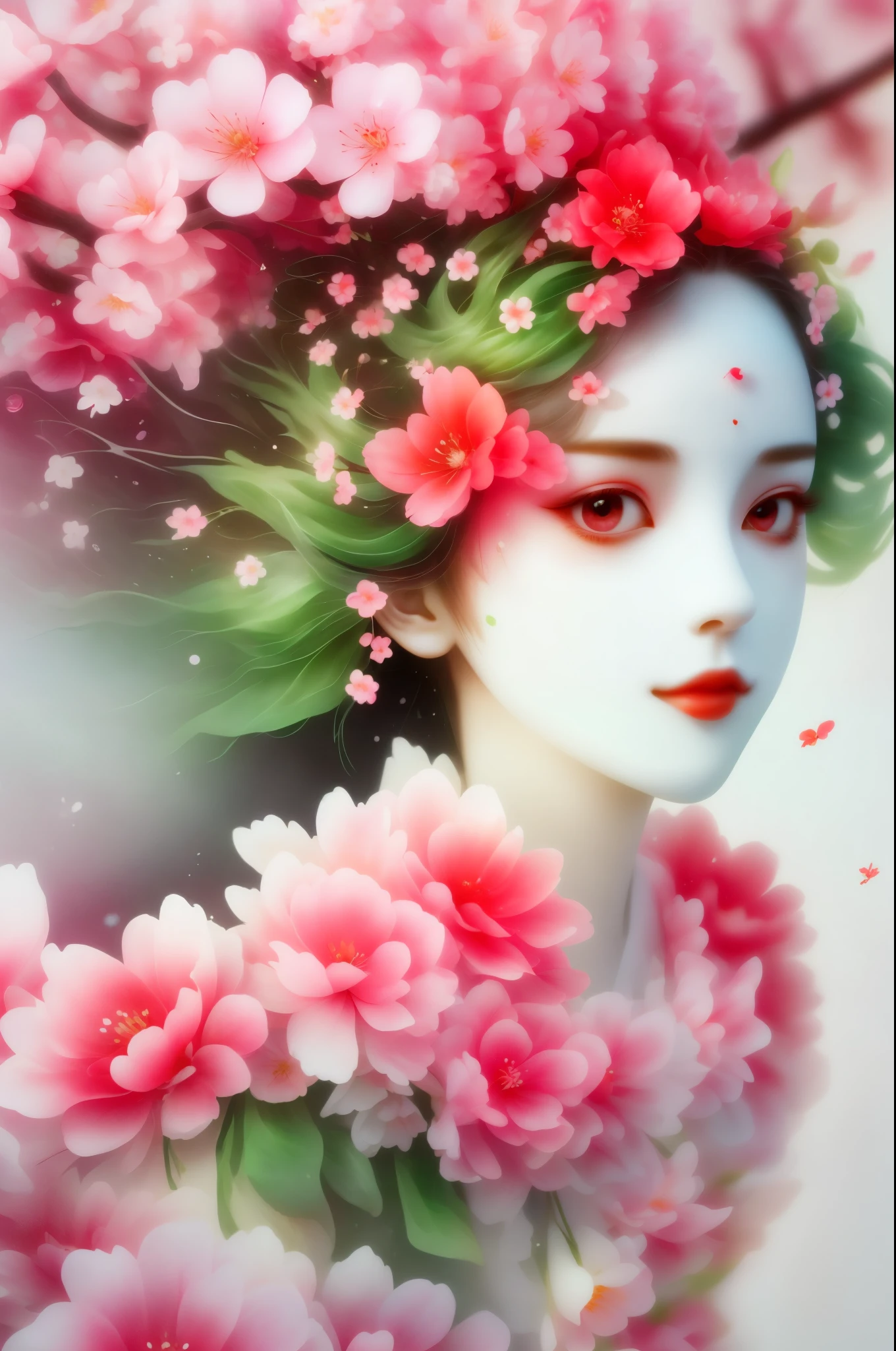 mask in cherry blossoms，White mask surrounded by cherry blossoms，3D mask，Cut-out mask，black，red，green，light and shadow，Actual situation，perfect composition，