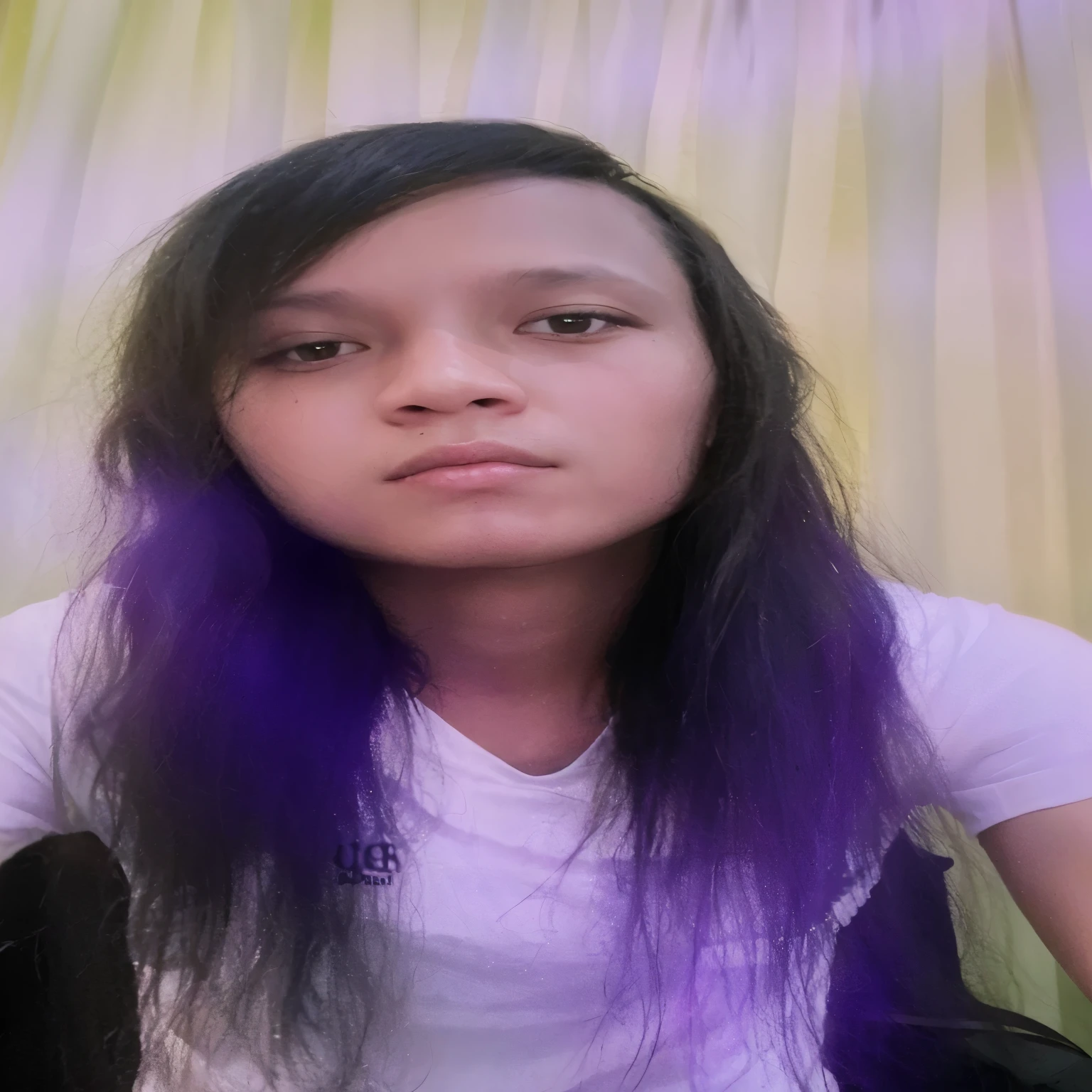 arafed woman with long black hair and purple hair, with long hair, real ungine, inspired by Jorge Jacinto, with long dark hair, desaturated!!, very very low quality picture, low quality photograph, mid long hair, around 1 9 years old, non blurry, john jude palencar, with instagram filters, purple - tinted