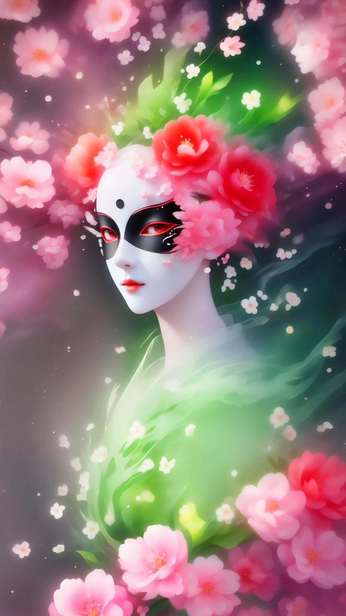 mask in cherry blossoms，White mask surrounded by cherry blossoms，3D mask，Cut-out mask，black，red，green，light and shadow，Actual situation，perfect composition，