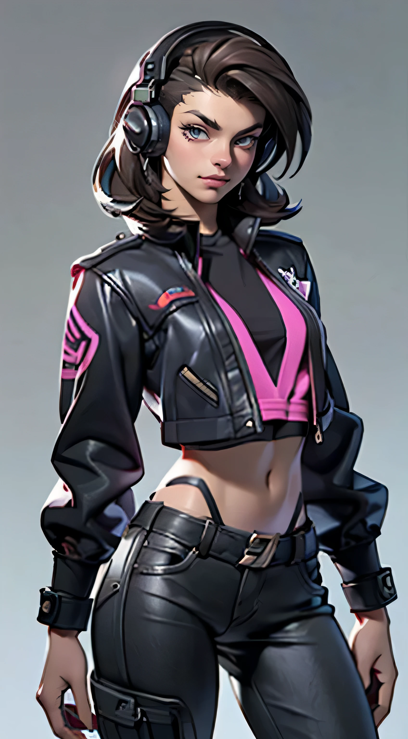 11:23(((best quality: 1.4))),(Unparalleled masterpiece), (ultra high definition),(Hyper-realistic 8K CG)、（one hand action），（dark hair），Headphone equipment，（girl）， ((( Body))), (((1 girl in))), 25-year-old American soldier with perfect Body,,Beautiful and well groomed face,muscular Body:1.2,Solid color jeweled jacket with details, (Pictures from head to thighs)， Complex equipment, Purple，trousers，The clothes inside are dark，Clothes with armored metal electronic parts, poison tattoo )