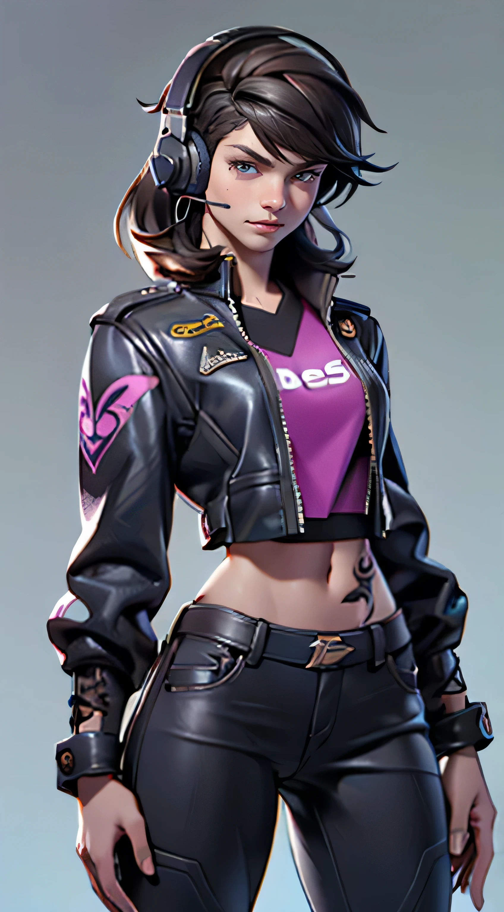 11:23(((best quality: 1.4))),(Unparalleled masterpiece), (ultra high definition),(Hyper-realistic 8K CG)、(one hand action),(dark hair),Headphone equipment,(girl), ((( Body))), (((1 girl in))), 25-year-old American soldier with perfect Body,,Beautiful and well groomed face,muscular Body:1.2,Solid color jeweled jacket with details, (Pictures from head to thighs), Complex equipment, Purple,trousers,The clothes inside are dark,Clothes with armored metal electronic parts, poison tattoo )