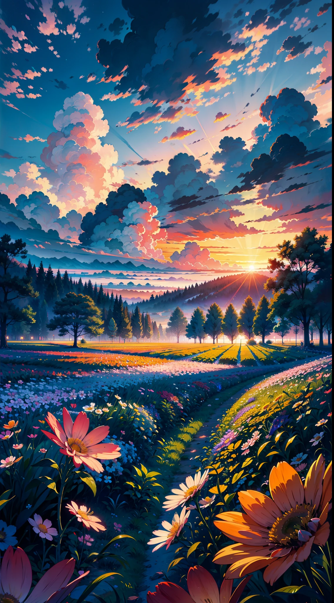 field, ((field of neon flowers)), clouds, sunrise