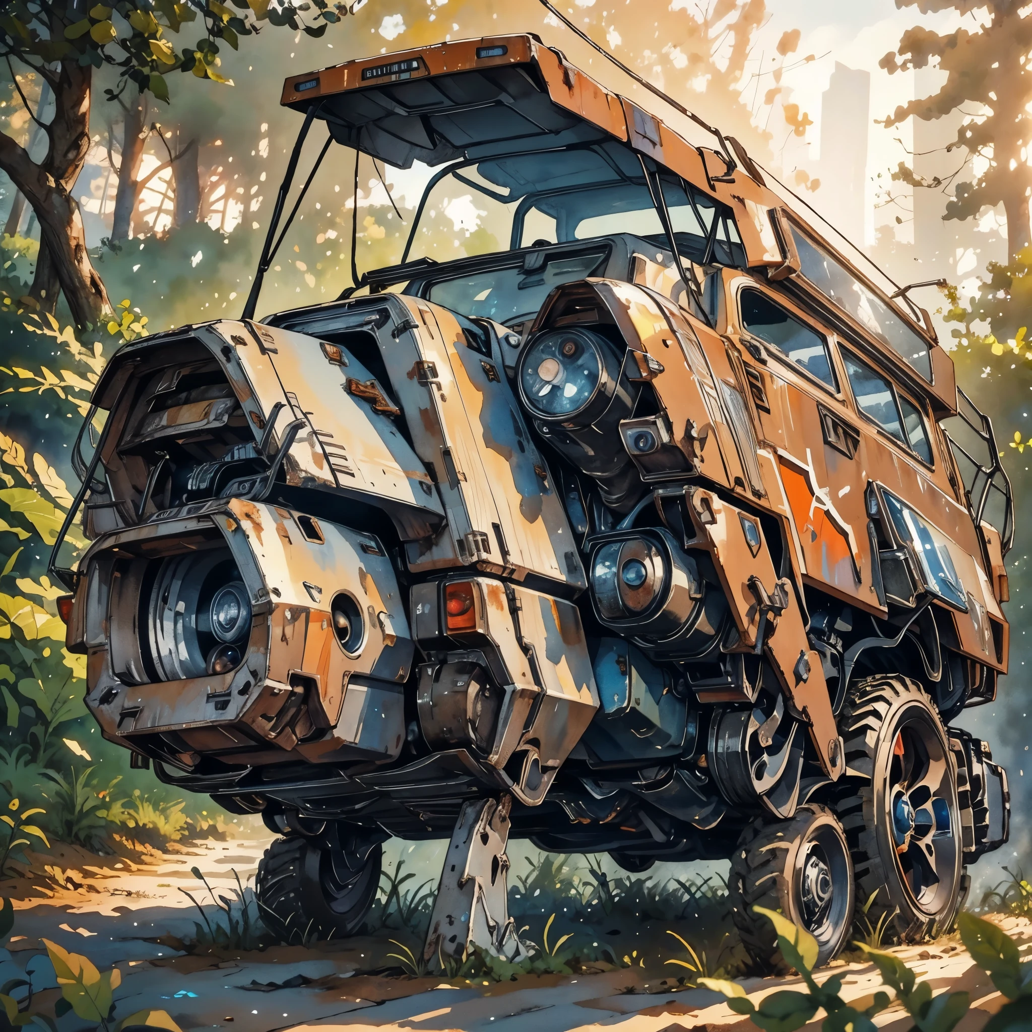 rusty Mecha, dead laying mecha, Abandoned Mech, {broken mecha:1.5}, in junkyard, scrapped, bushes, grass, {rusted. rust, rusty:1.5}, (anime:1.9), (watercolor, high detail, cinematic lighting, god rays, ray tracing, reflection light, backlighting, drop shadow, bokeh, UHD, retina, masterpiece, anatomically correct, super detail, high details, high quality, highres, best quality, 4K, 1080P, 8k
