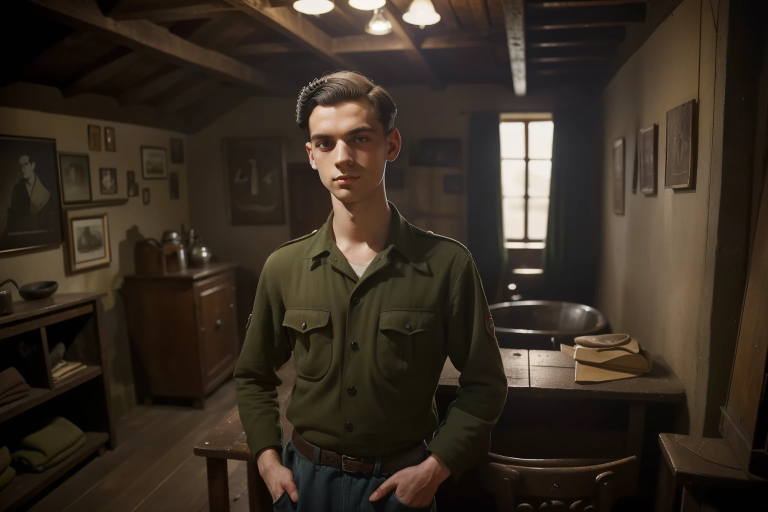 Molching, Germany, 1941. ((((25-year-old)) Max Vandenburg)), swampy eyes, thin, jew, cunning, crafty, sharp features, in the basement, illustrating a book. ((((casual poor clothings from the 1940s)))), ((dark hairstyle of the 1940s))