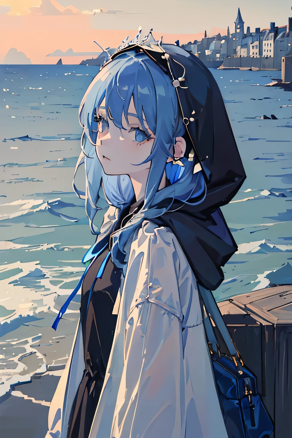 (masterpiece, Side light, super detailed, Exquisite and beautiful eyes: 1.2), 1 girl, Bag, building, from the side, earphone, hood, hood down, hooded jacket, hoodie, jacket, long silhouette, blue hair,alone, seaside,Look at the sea,light and shadow,afternoon,soda,cool, Upper body, masterpiece, best quality