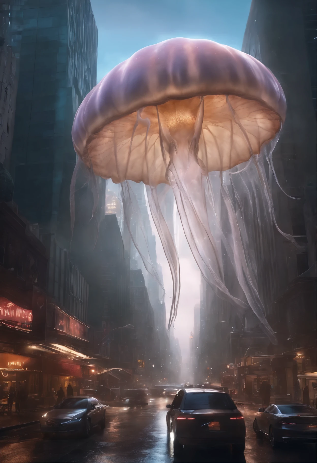 Giant jellyfish envelop a modern city,Pterosaur-like creatures flying through the air,The light is bright and natural,realism, Full HD, 1080p, 16k, actual, surreal, Super real, digital
