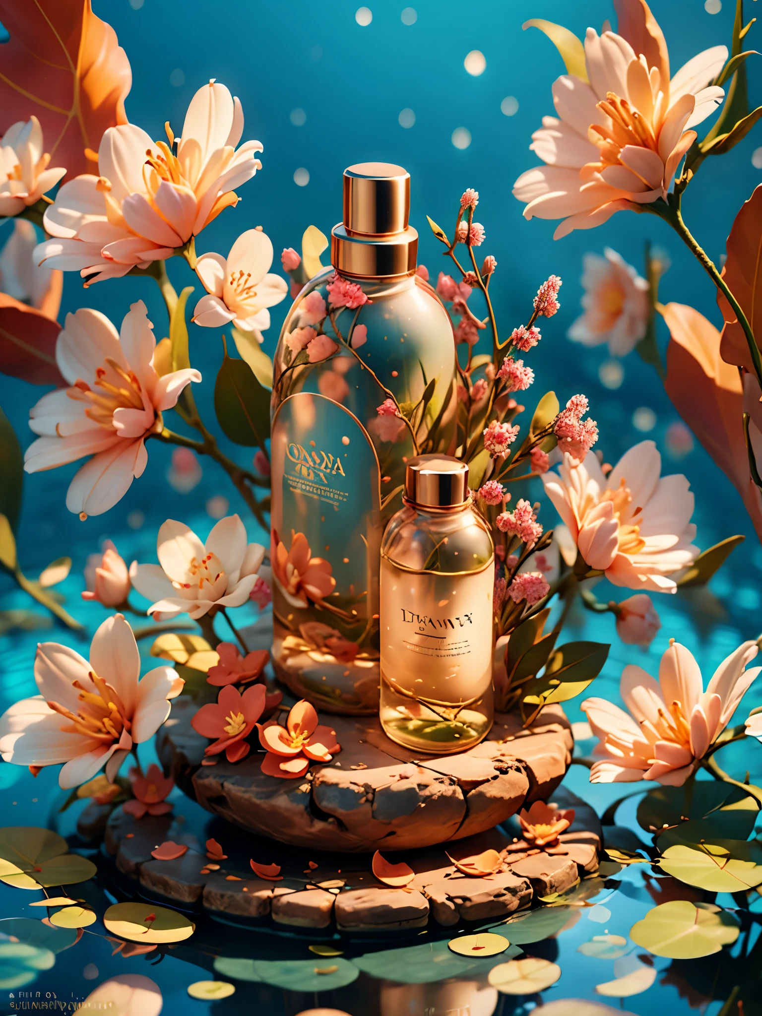 best quality, 4k, 8k, high resolution, masterpiece, Super detailed, lifelike, mixer, Cosmetic bottles, Sakura twine, blue sky background, water, Sunlight, Low viewing angle,  Product renderings