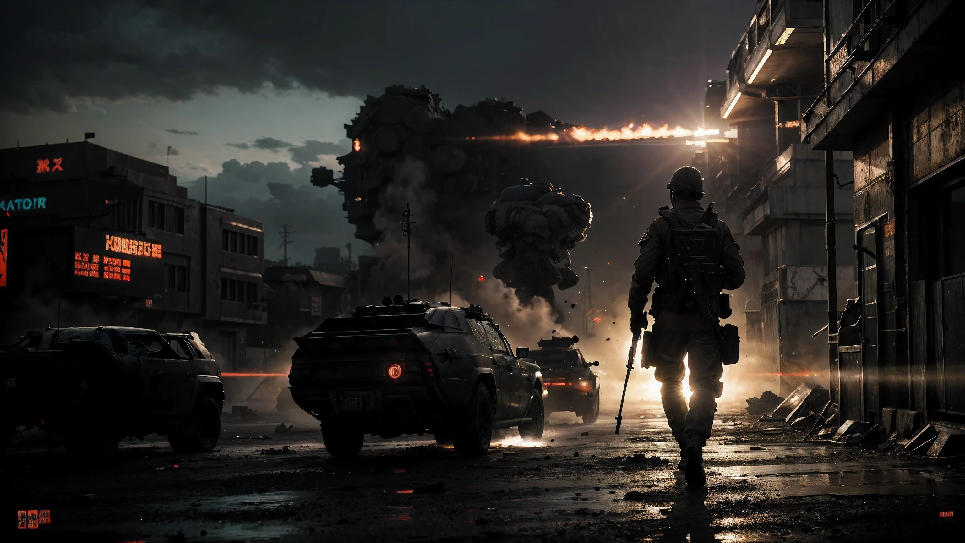 battlefield, guns, morning time, sunlight, high res, intense warfare, sci-fi. furutristic, neon, cyberpunk, less shadow, proper light