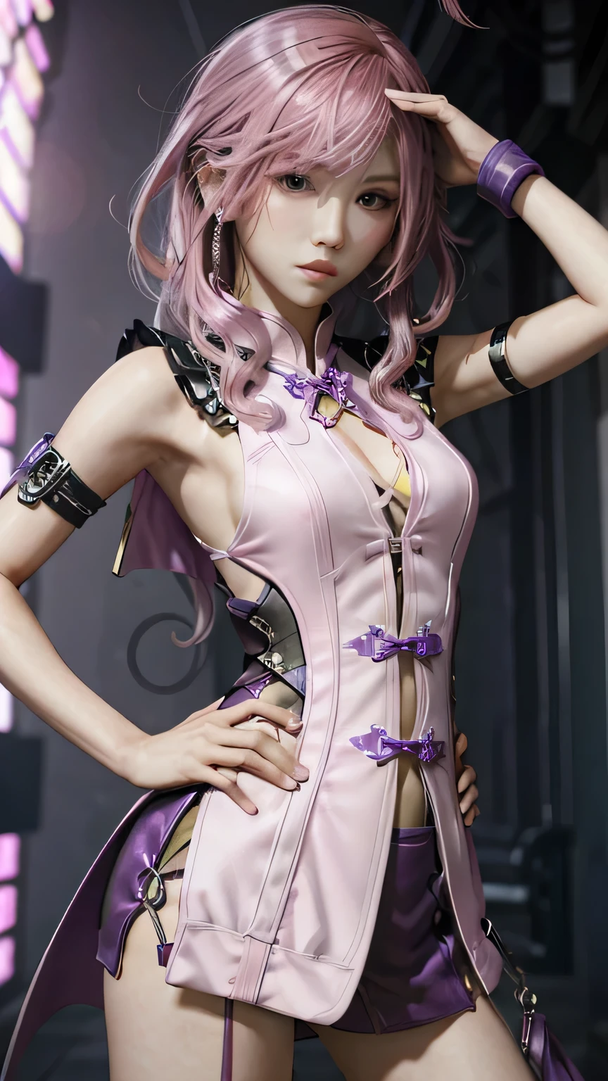 (masterpiece, highest quality:1.3)
1 girl, alone, long hair, pink hair、purple cheongsam、whole body、cool pose