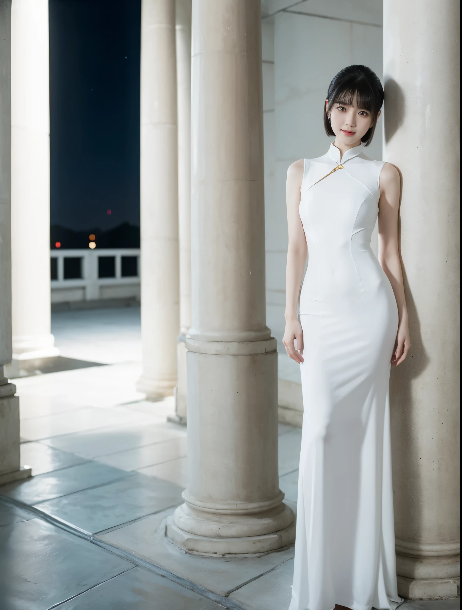 night,Wearing a white dress、Upset woman standing next to a pillar, full body xianxia, Sleek white skintight suit, Xintong Chen, Urzan, wearing white clothes, Ruan Jia Meili!, xision wu, Baiji haircut hairstyle, wenfei ye, gongbi, chengyou liu, pale porcelain skin, jinyoung shin,smiling