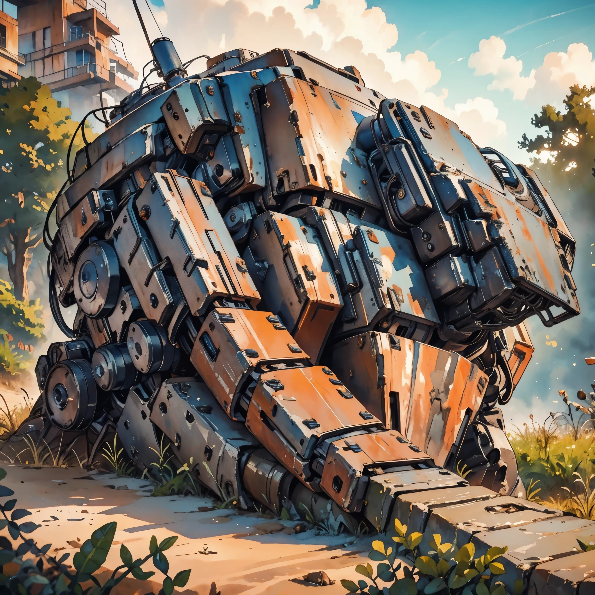 rusty Mecha, dead laying mecha, Abandoned Mech, {broken mecha:1.5}, in junkyard, scrapped, bushes, grass, {rusted. rust, rusty:1.5}, (anime:1.9), (watercolor, high detail, cinematic lighting, god rays, ray tracing, reflection light, backlighting, drop shadow, bokeh, UHD, retina, masterpiece, anatomically correct, super detail, high details, high quality, highres, best quality, 4K, 1080P, 8k