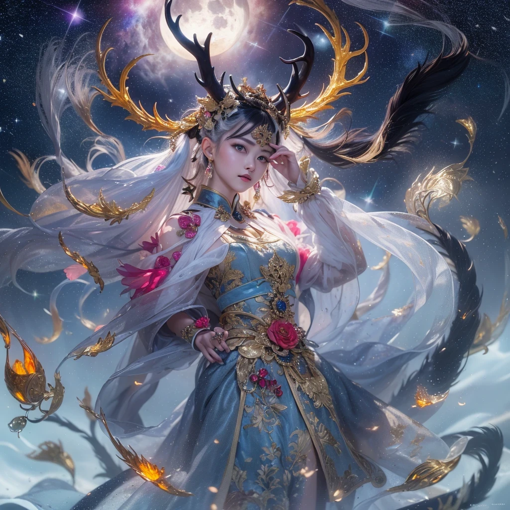 Antlers Flying Nine Tails Light Blue Heavenly Master Flame Hair Star,Moon Night black, gold and orange snake print silk trousers,Rouge Diamond Tulle Sheer Lizard Print,Girl flying in space in the snow 1:900 miniatures,Front view,pure transparency,put on boxing gloves,Wear gold-framed Reverse Light sunglasses,Panoramic super wide angle,very happy,Authentic and delicate texture,Strong visual impact,super detailed,dream girl,delicate face型,beautiful eyes,Hair floating in the air, cherry style,Zhou Xiaotong,crystal clear,Good sense of perspective,Light shadow effect,16KLight slip,surface reflected Light,flowing black hair,Water Goddess 32K,complicated,grace,Very detailed,Gorgeous,digital photography,Autumn Cowboy Shooting,Surrealism,broken ruby,defeat magic,Water magic entanglement,(masterpiece,Light,beautiful eyes:1.2),high dynamic range,void 5 energy storm,(china 1 girl,black eyes:1.5),rouge skin,Light skin,(sit on stone:1.5),delicate face,black hair,Put on Gorgeous golden armor,starry sky background,beautiful golden armor,it'it'it'It's raining,beautiful,University Teachers'Don't look at the audience,focus shift,masterpiece