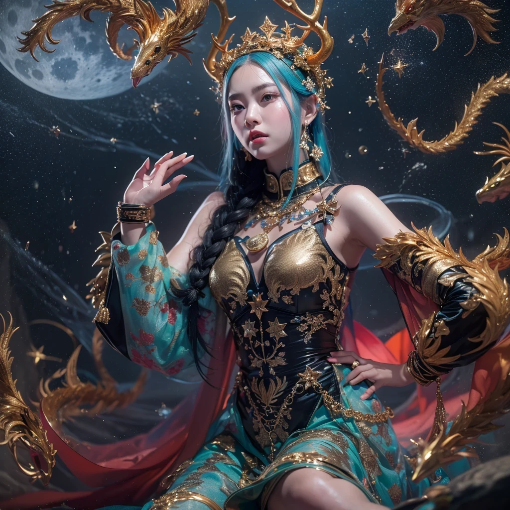 Antlers Flying Nine Tails Light Blue Heavenly Master Flame Hair Star，Moon Night black, gold and orange snake print silk trousers，Rouge Diamond Tulle Sheer Lizard Print，Girl flying in space in the snow 1:900 miniatures，Front view，pure transparency，put on boxing gloves，Wear gold-framed Reverse Light sunglasses，Panoramic super wide angle，very happy，Authentic and delicate texture，Strong visual impact，super detailed，dream girl，delicate face型，beautiful eyes，Hair floating in the air， cherry style，Zhou Xiaotong，crystal clear，Good sense of perspective，Light shadow effect，16KLight slip，surface reflected Light，flowing black hair，Water Goddess 32K，complicated，grace，Very detailed，Gorgeous，digital photography，Autumn Cowboy Shooting，Surrealism，broken ruby，defeat magic，Water magic entanglement，（masterpiece，Light，beautiful eyes：1.2），high dynamic range，void 5 energy storm，(china 1 girl，black eyes:1.5），rouge skin，Light skin，(sit on stone：1.5），delicate face，black hair，Put on Gorgeous golden armor，starry sky background，beautiful golden armor，it&#39;it&#39;it&#39;It&#39;s raining，beautiful，University Teachers&#39;Don&#39;t look at the audience，focus shift，masterpiece