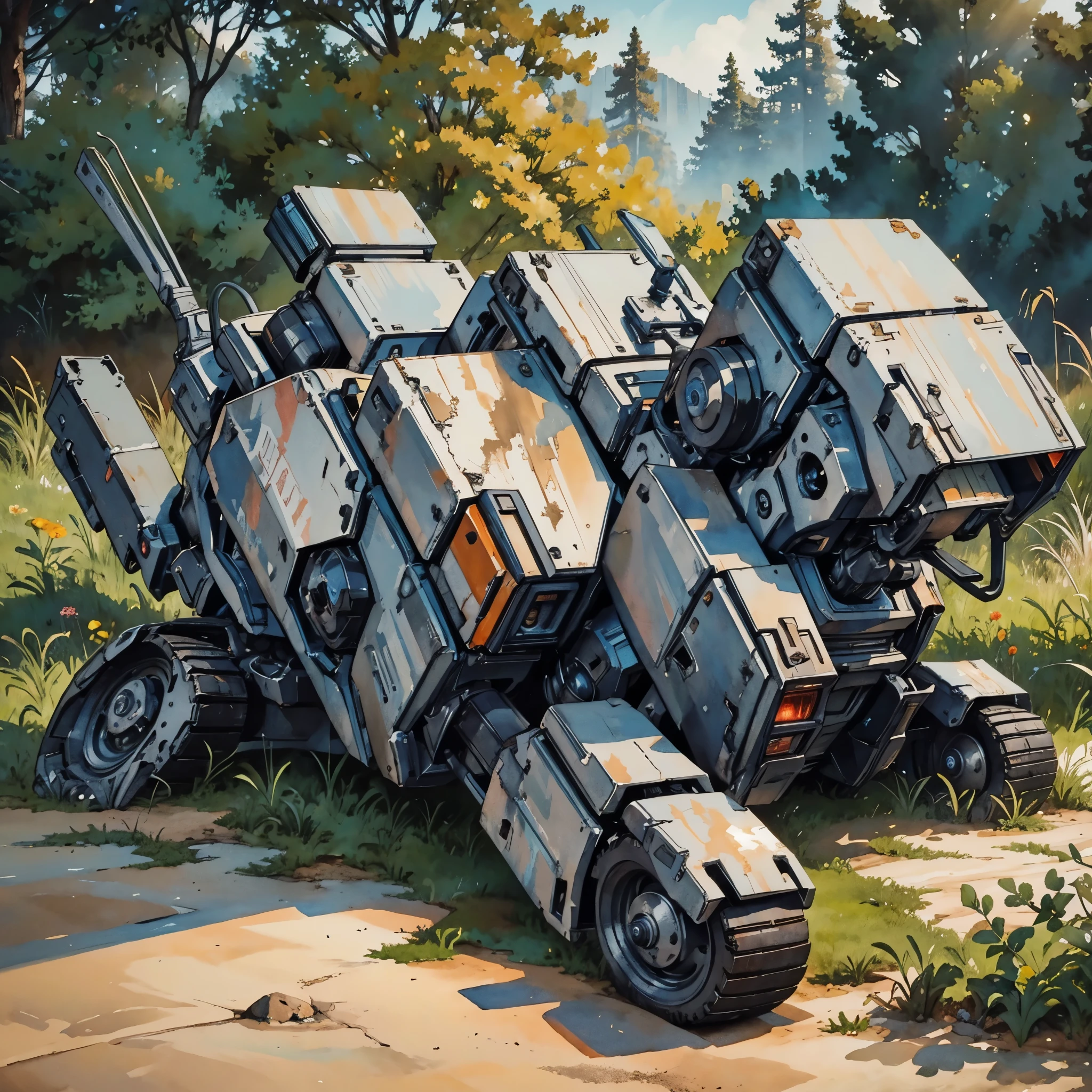 rusty Mecha, dead laying mecha, Abandoned Mech, {broken mecha:1.5}, in junkyard, scrapped, bushes, grass, {rusted. rust, rusty:1.5}, (anime:1.9), (watercolor, high detail, cinematic lighting, god rays, ray tracing, reflection light, backlighting, drop shadow, bokeh, UHD, retina, masterpiece, anatomically correct, super detail, high details, high quality, highres, best quality, 4K, 1080P, 8k