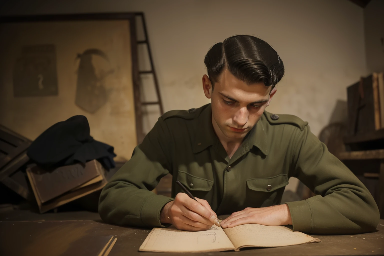 Molching, Germany, 1941. ((((25-year-old)) Max Vandenburg)), swampy eyes, thin, jew, cunning, crafty, sharp features, in the basement, drawing, illustrating a book. ((((casual poor clothings from the 1940s)))), ((dark hairstyle of the 1940s))