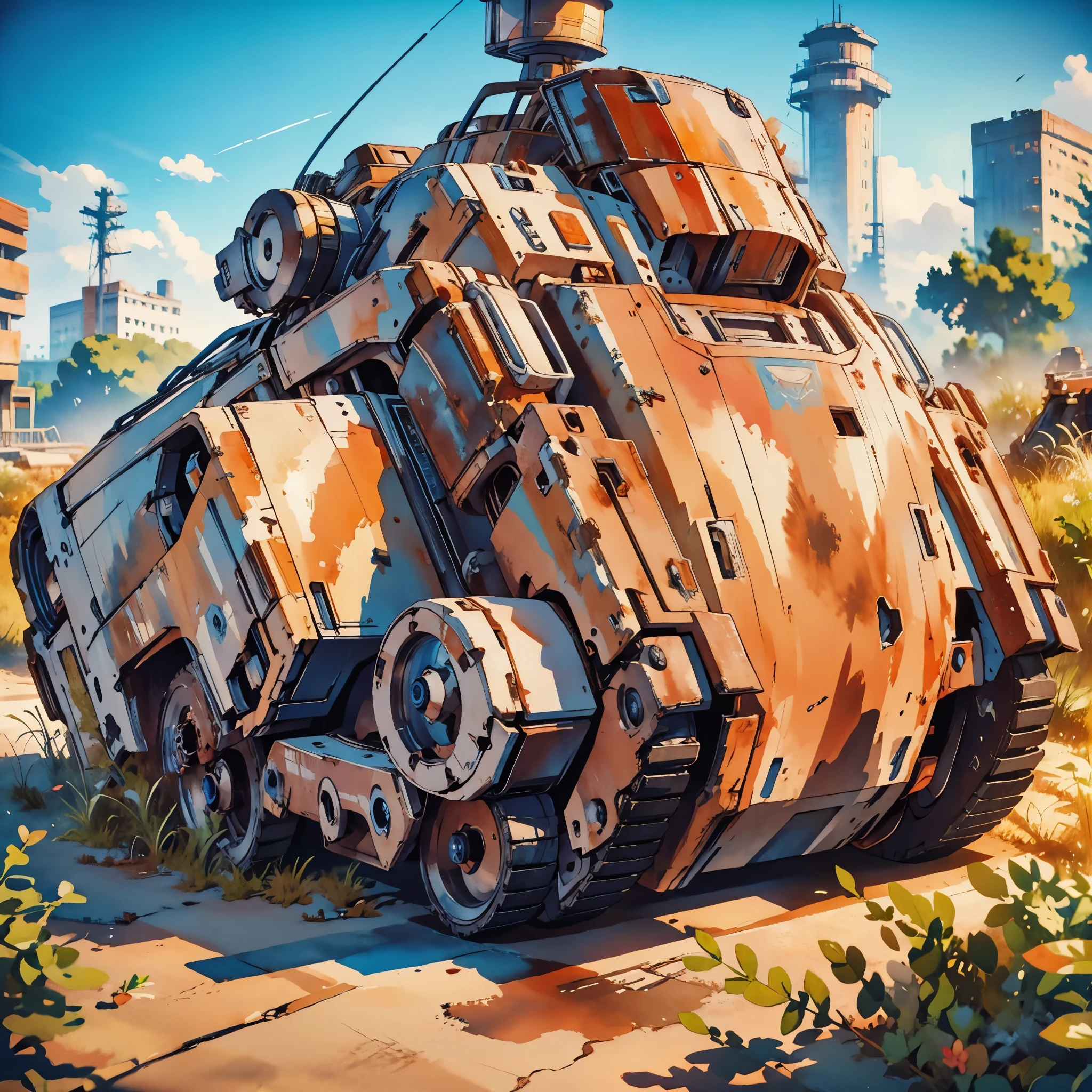rusty Mecha, dead laying mecha, Abandoned Mech, {broken mecha:1.5}, in junkyard, scrapped, bushes, grass, {rusted. rust, rusty:1.5}, (anime:1.9), (watercolor, high detail, cinematic lighting, god rays, ray tracing, reflection light, backlighting, drop shadow, bokeh, UHD, retina, masterpiece, anatomically correct, super detail, high details, high quality, highres, best quality, 4K, 1080P, 8k